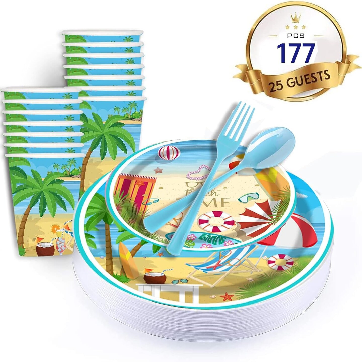 177 pcs Beach Party Supply Disposable Tableware Set with Tablecloth Paper Plates Napkins Cups Plastic Forks Knives Spoons
