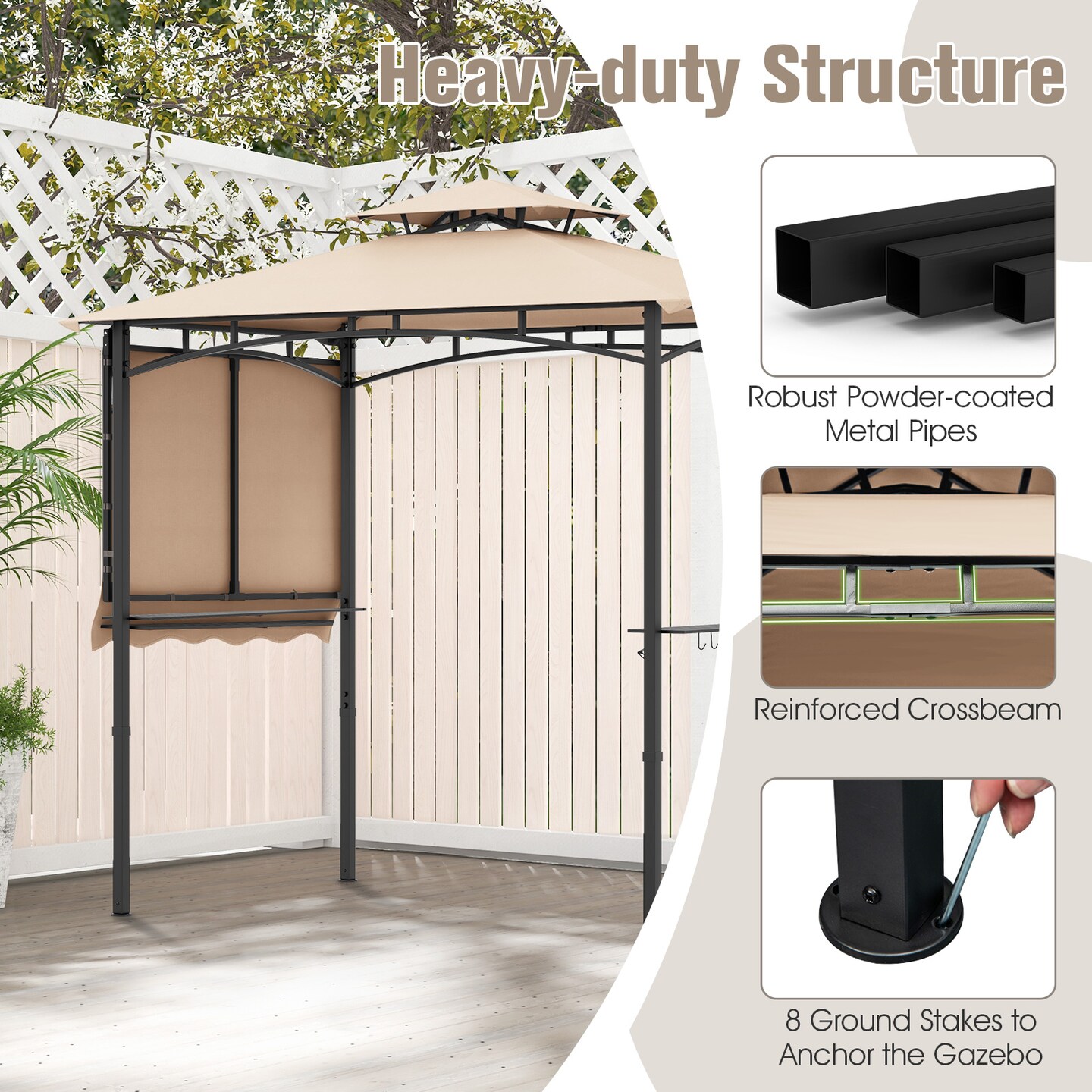 11x5 FT Grill Gazebo with Shelves Side Awning and Double-Tiered Vented Top