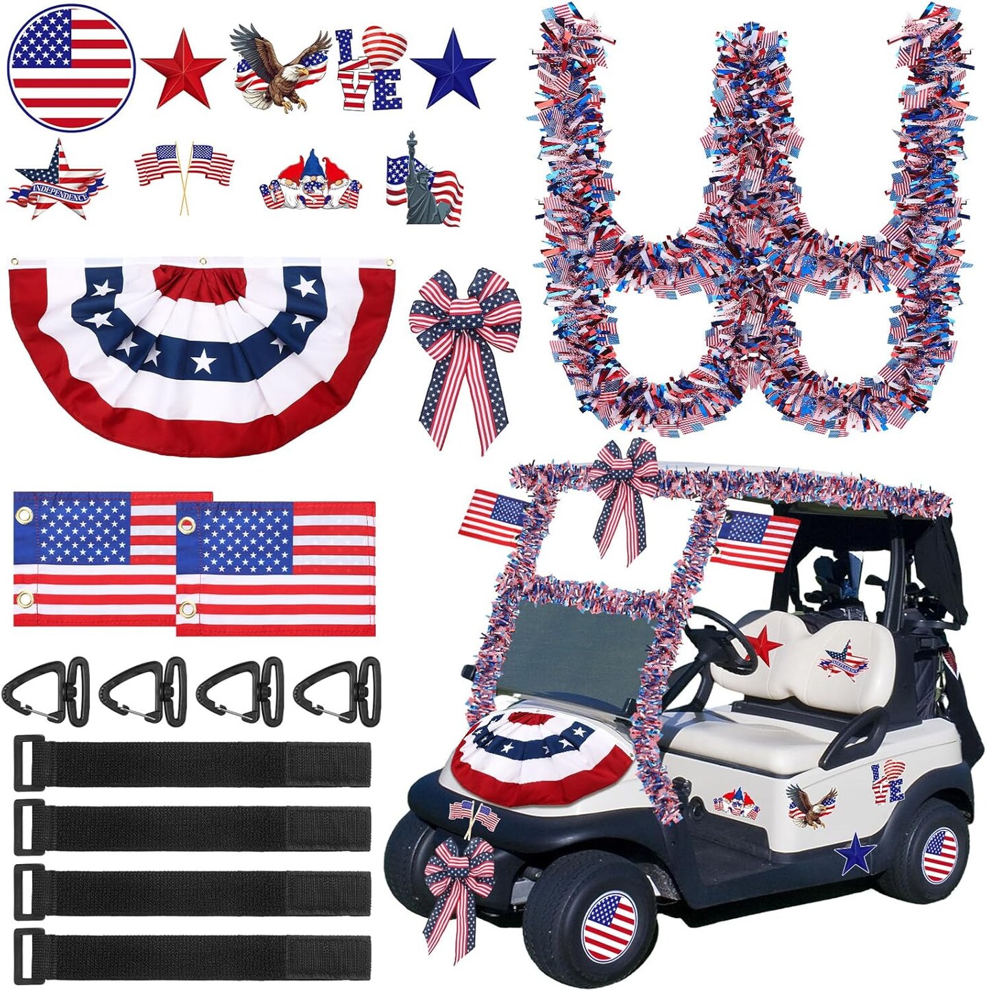 18 Pcs 4th of July Parade Golf Cart Decorations Independence Day Parade Bunting Flag Golf Cart Flags with Elastic Strap Bracket Tinsel Garland Golf Cart Stickers