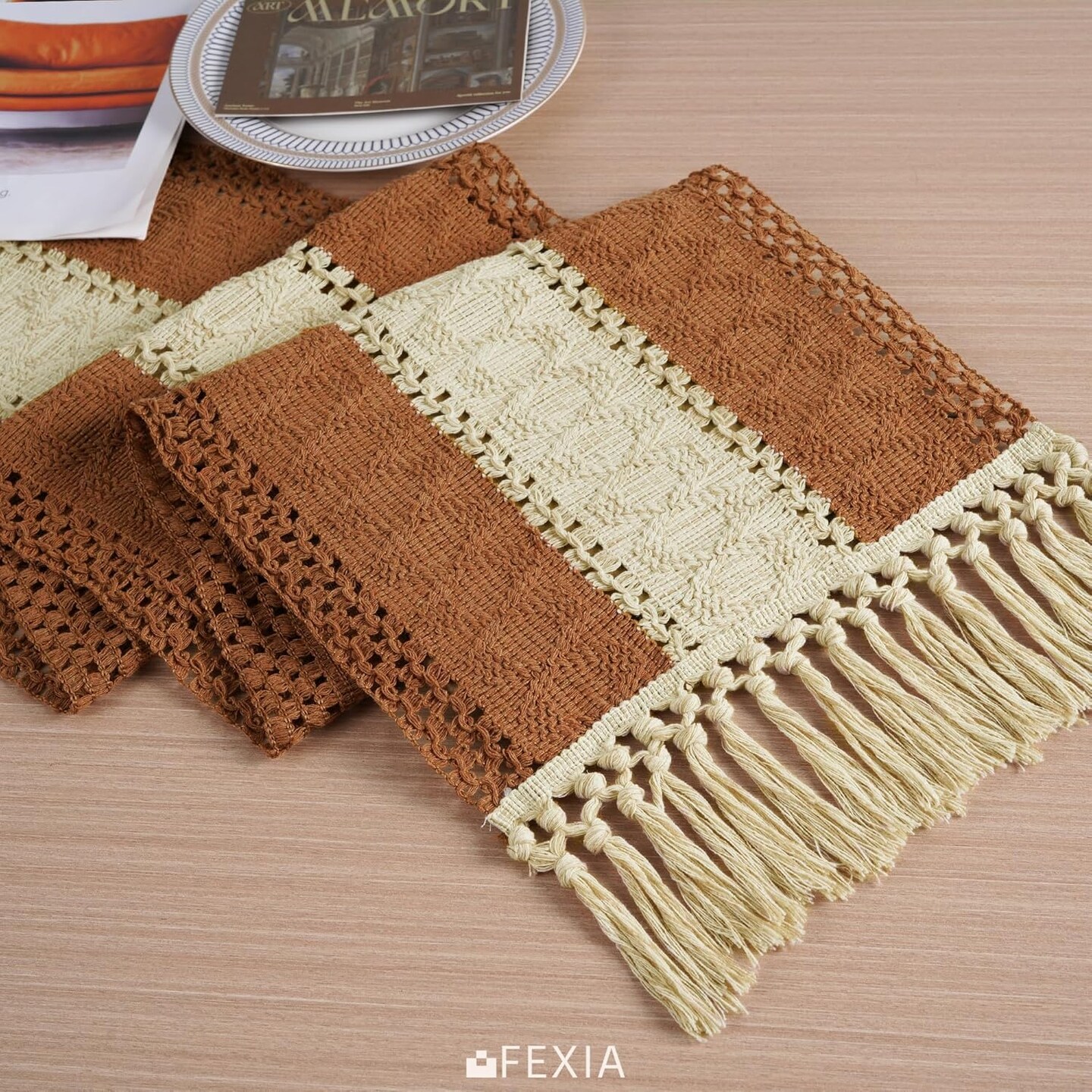 Boho Macrame Table Runner Rustic Caramel & Beige (12x72 Inches)