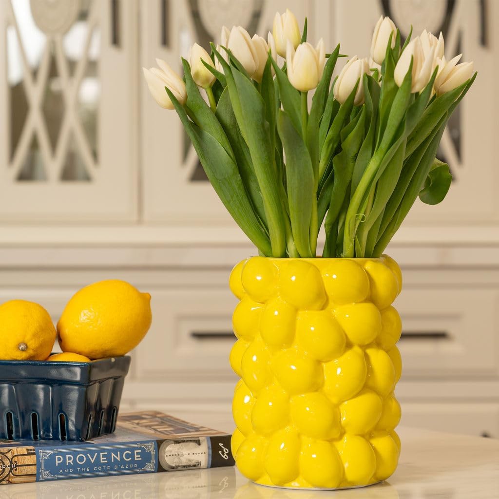 Lemon Vase -7 Inch Tall Yellow Ceramic Mediterranean Style Tabletop Vase Holder with 3D Lemon Design- Lemon Kitchen Decor Inspire - Lemon Themed Gifts