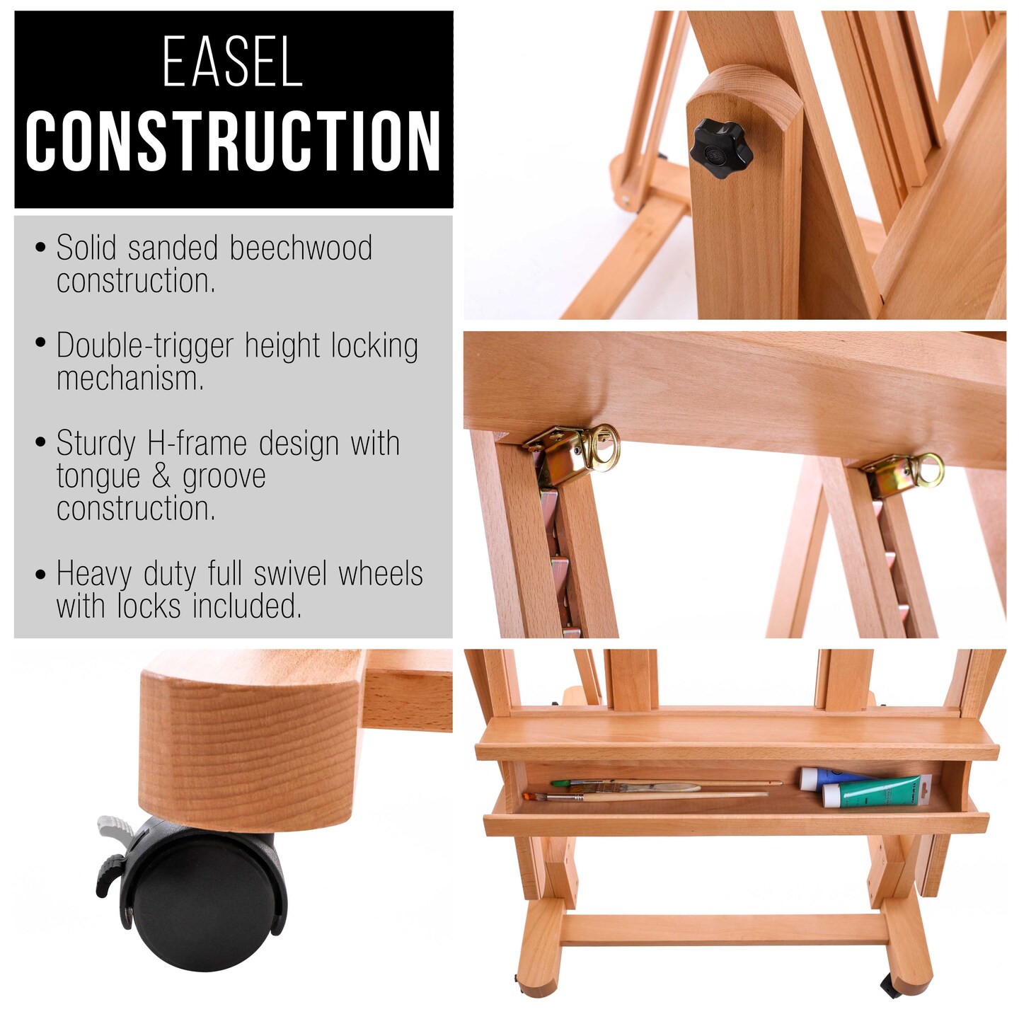 Extra Large Double Mast Wooden H-Frame Easel: Adjustable Studio Artist Easel for Painting with Rotating Canvas Stand, Artist Storage Tray &#x26; Locking Pro Caster Wheels, Premium Beechwood