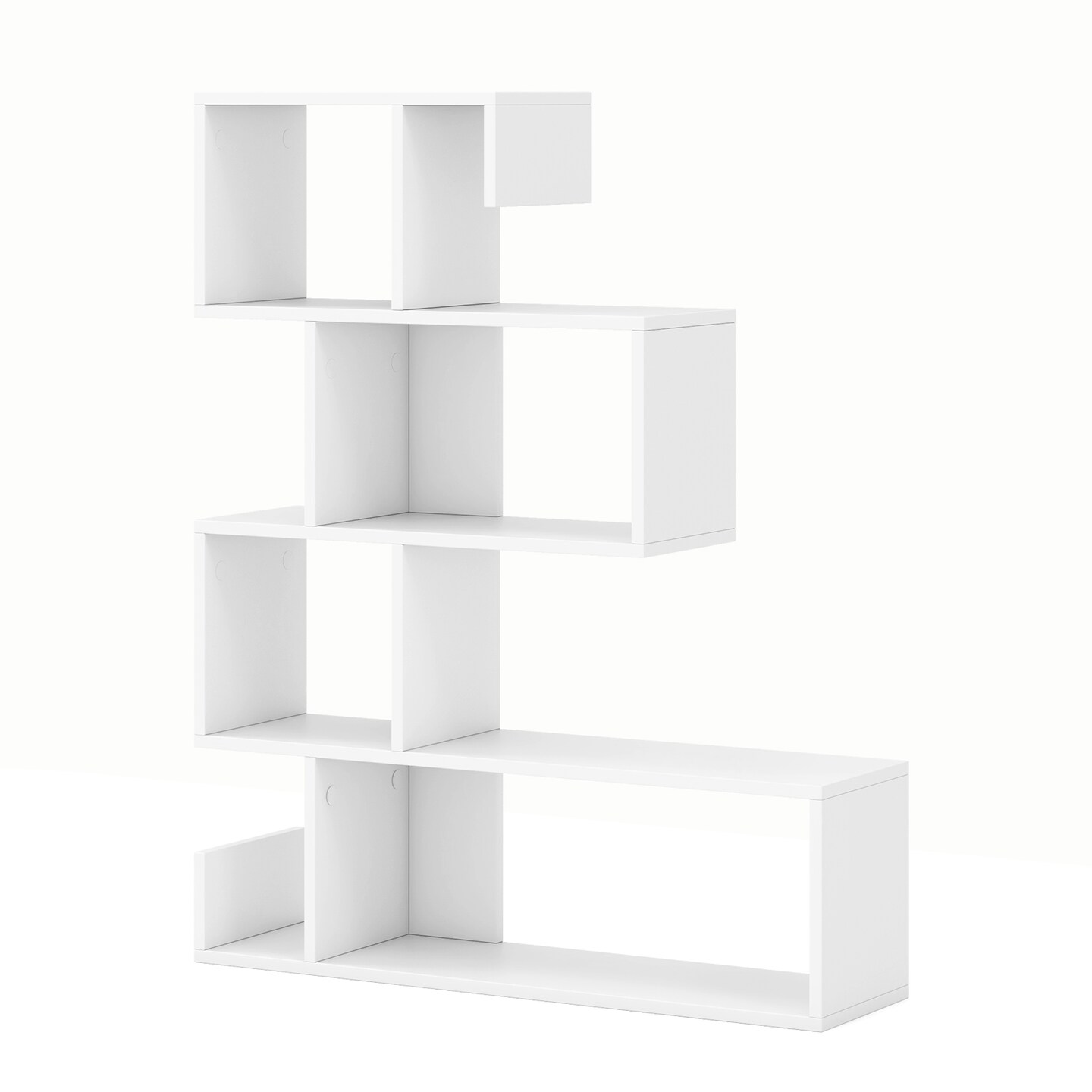 5-Tier Slim Vertical White Bookshelf with S-Shape Design and Multiple Open Storage Cube Compartments