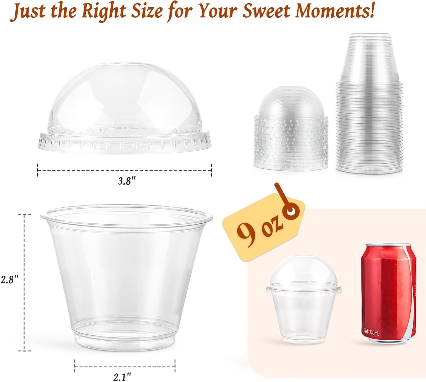 50 Sets, 9 oz Clear Plastic Cups with Dome Lids (No Hole) - Disposable Cups for Ice Cream,Cake,Fruit,Parfait, Dessert, Pudding and Shot