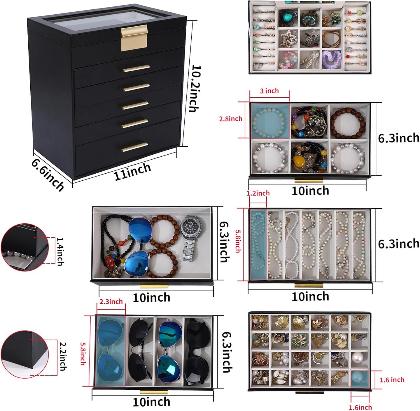 Jewelry Boxes for Women, White and Black 6 Layer Large Jewelry Box for Necklace, Bracelet, Earrings, Rings Storage, Jewelry holder Organizer for Girls Gift (Clear Black, 6 layer)