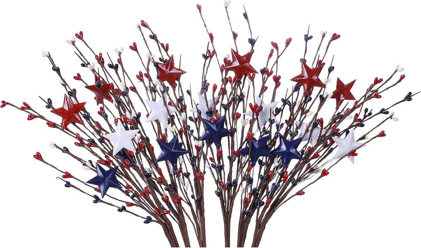 6 Pack Patriotic Picks,17in Tall 4th of July Stems Red White Blue Berry and Star Spray for Independence Day Decor(Red-White-Blue)