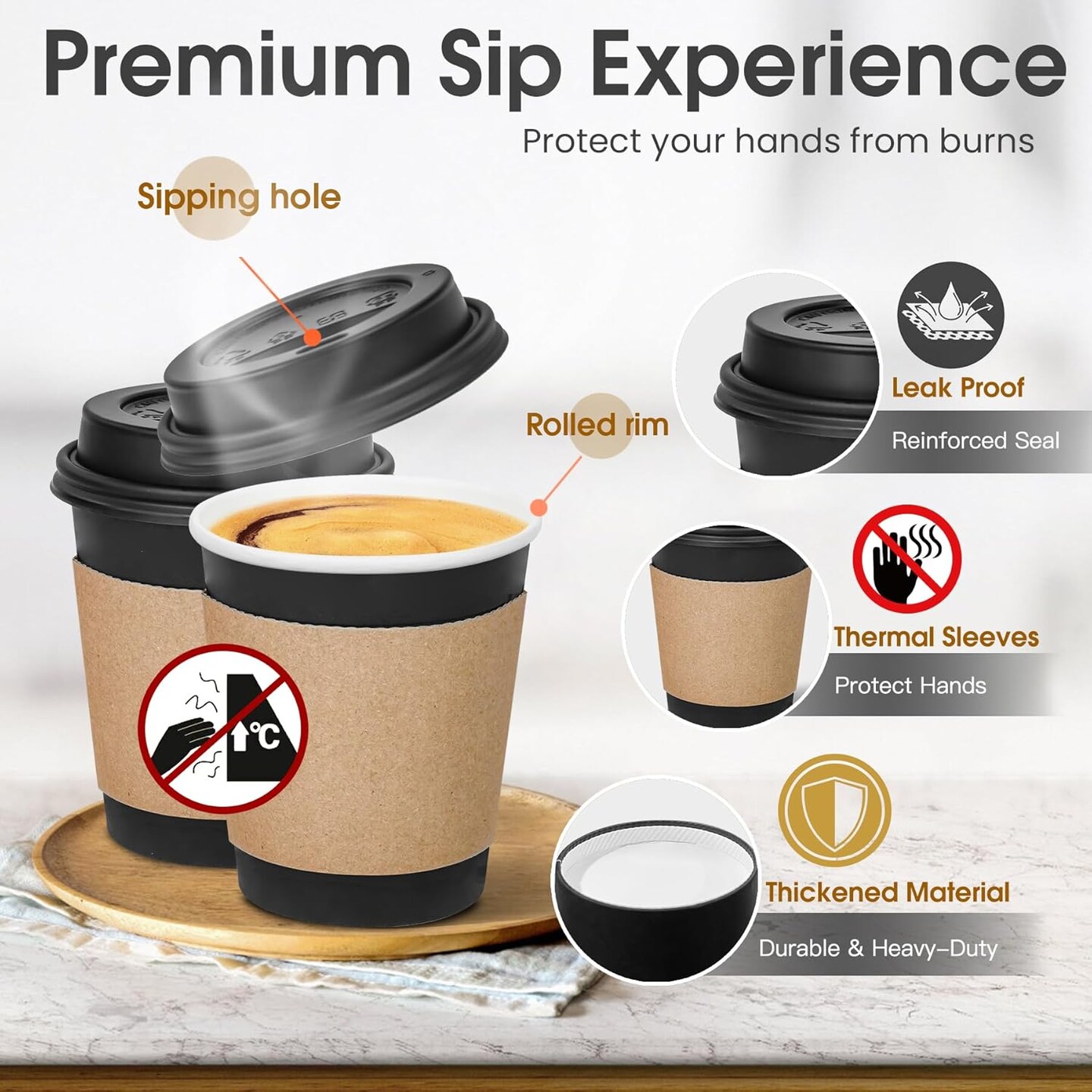 Disposable Paper Coffee Cups with Lids and Sleeves, Heat-Resistant Leak-Proof Black To Go Paper Cups for Hot Coffee, Cocoa, Chocolate and Espresso