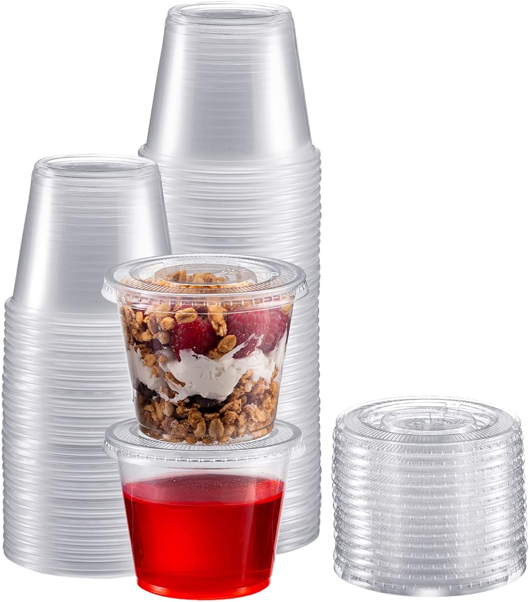 Portion Cups with Lids (5.5 Ounces, 100 Pack) | Disposable Plastic Cups for Meal Prep, Portion Control, Salad Dressing, &#x26; Medicine | Small Plastic Condiment Container