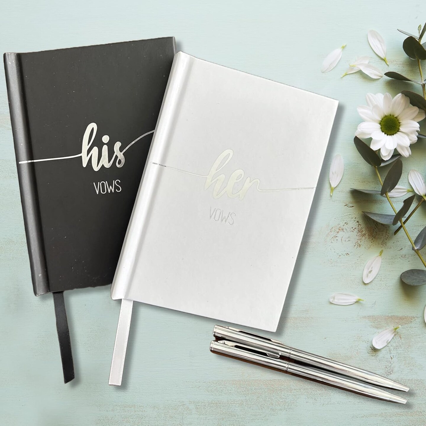 Wedding Vow Books, Black and White Wedding Day Vow Books with Silver Foil and Two Pens Included. Our Vow Books are 5.5. x 3.9 inches with 40 Pages, Vow Booklet, Vows Books Wedding, VB001