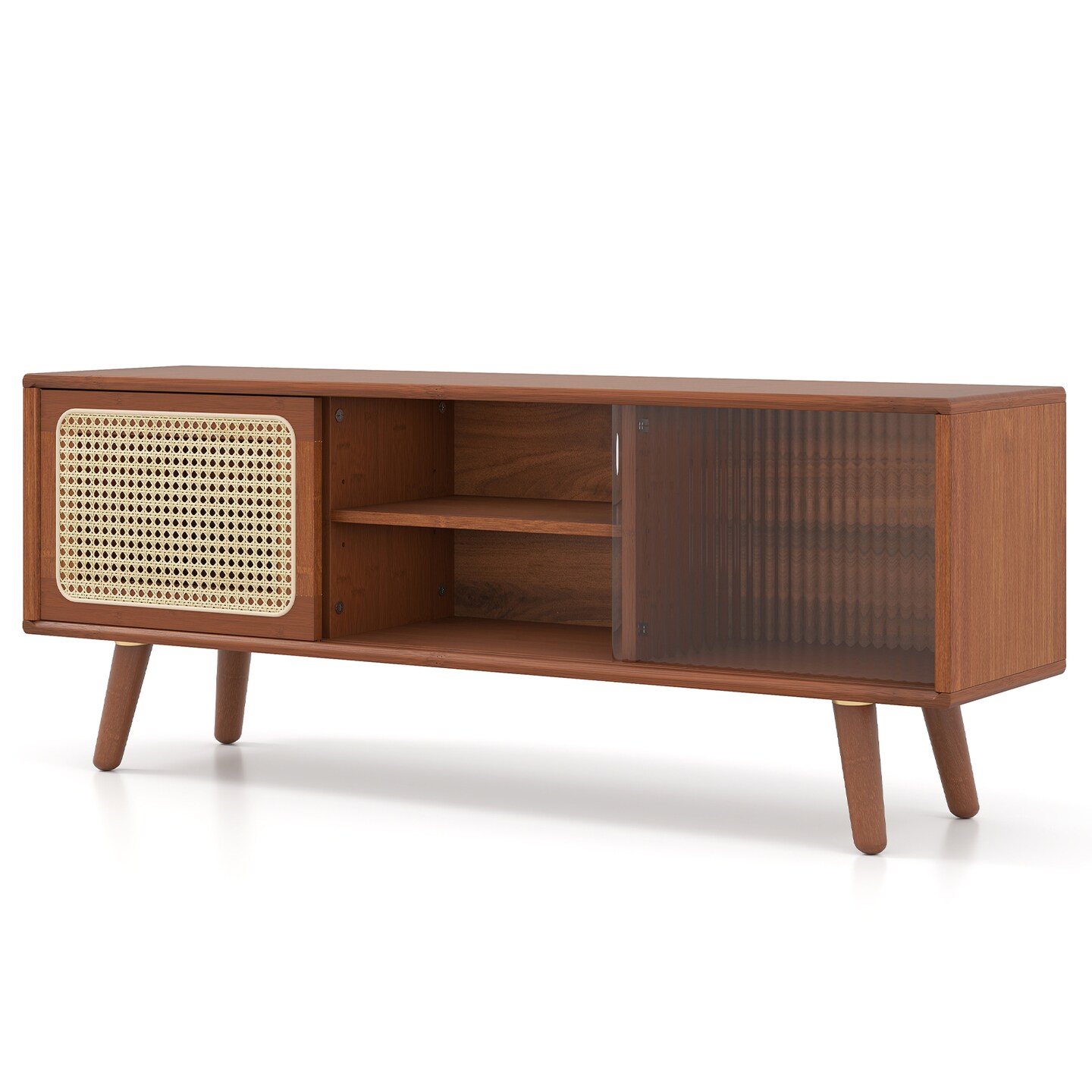 Modern Wicker TV Console with Rubber Wood Legs Adjustable Shelves and Rattan Sliding Door Design