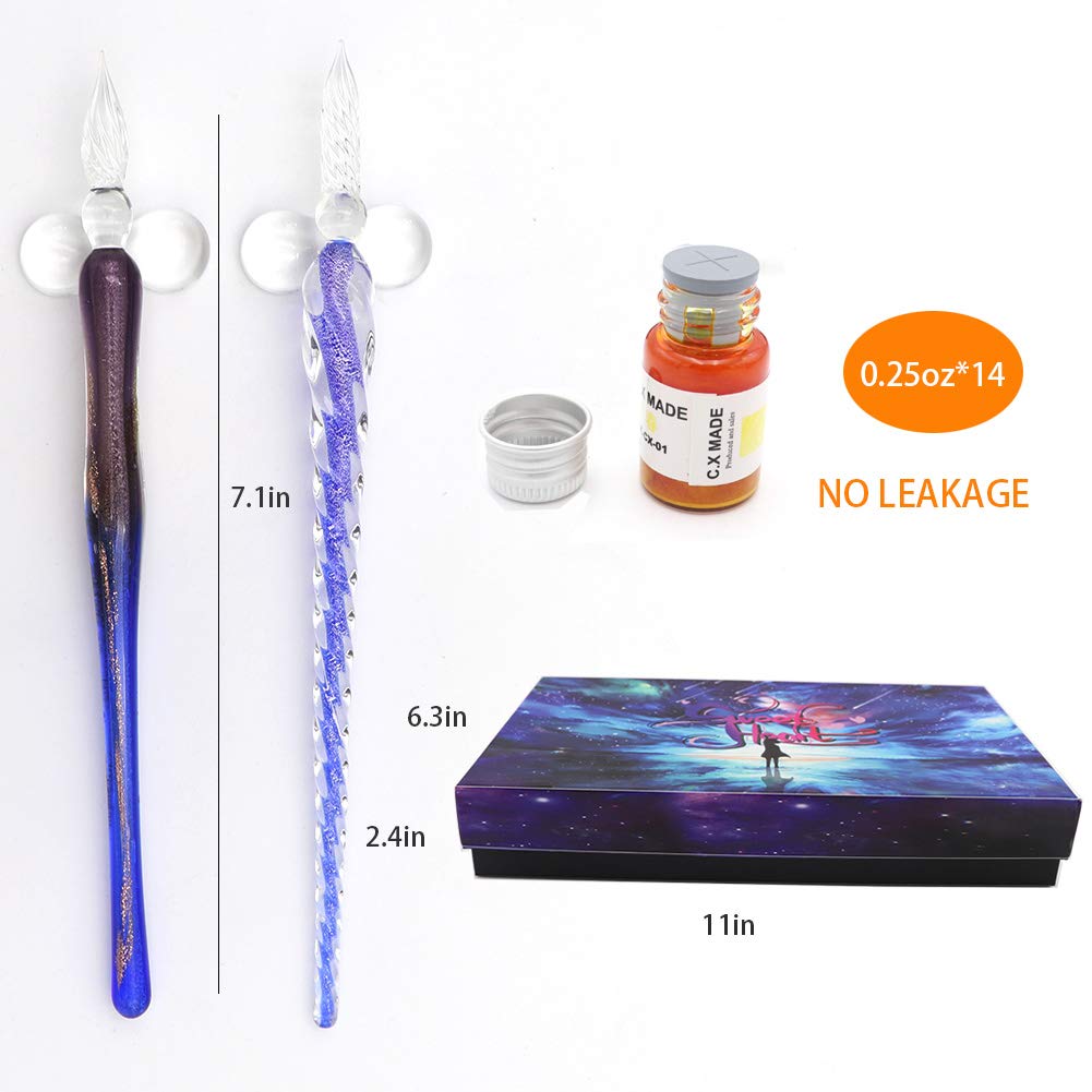 Glass Dip Calligraphy Pen Set, 18-Pieces 14 Color Inks, Pen Holder, Cleaning Cup, 2 Crystal Glass Pens for Art, Writing, Drawing, Signatures, Gift for Kids and Artist