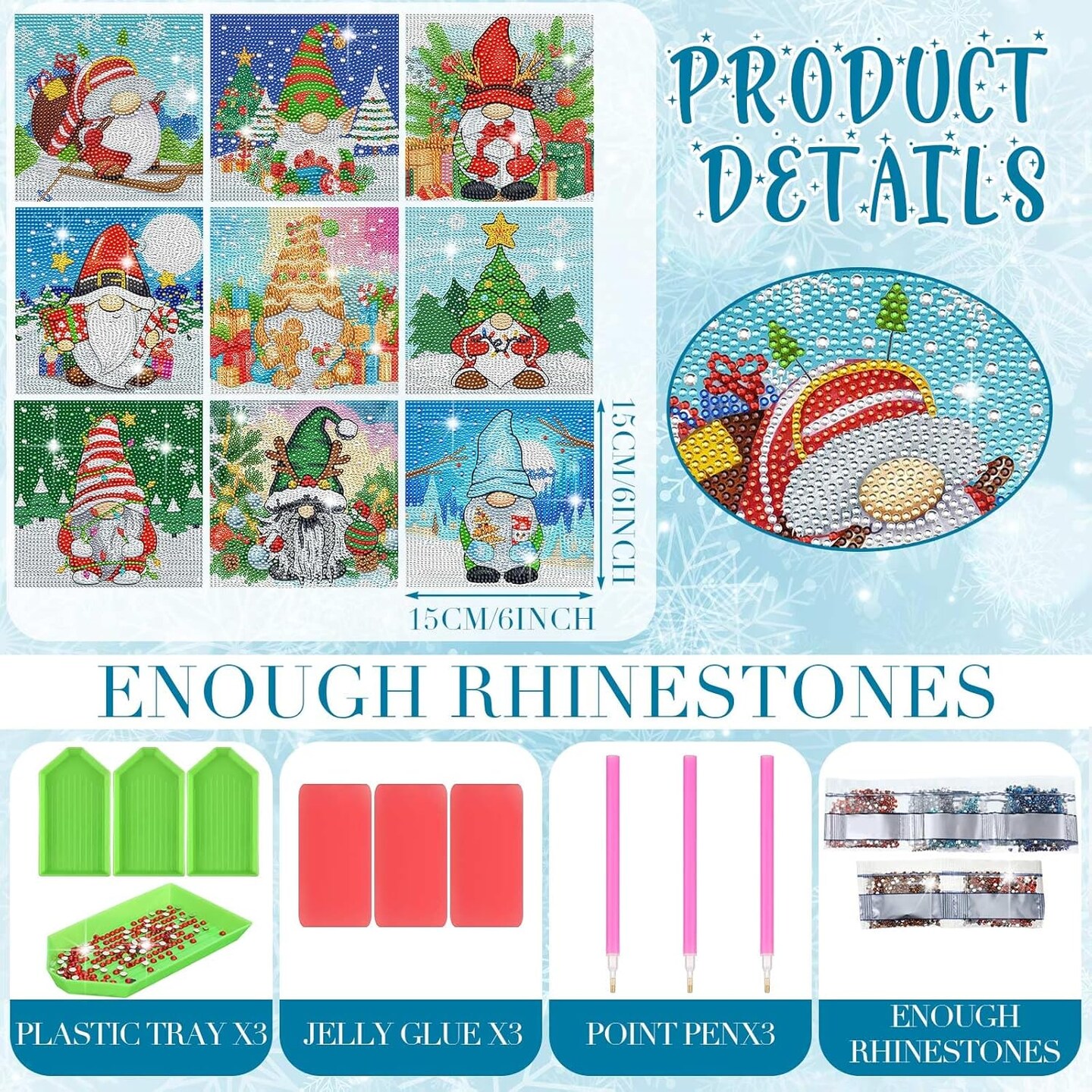 9-Piece Christmas Gnome Diamond Painting Kit – DIY Rhinestone 5D Gem Art for Beginners, Home Wall Decor, 6×6 Inch (Classic)