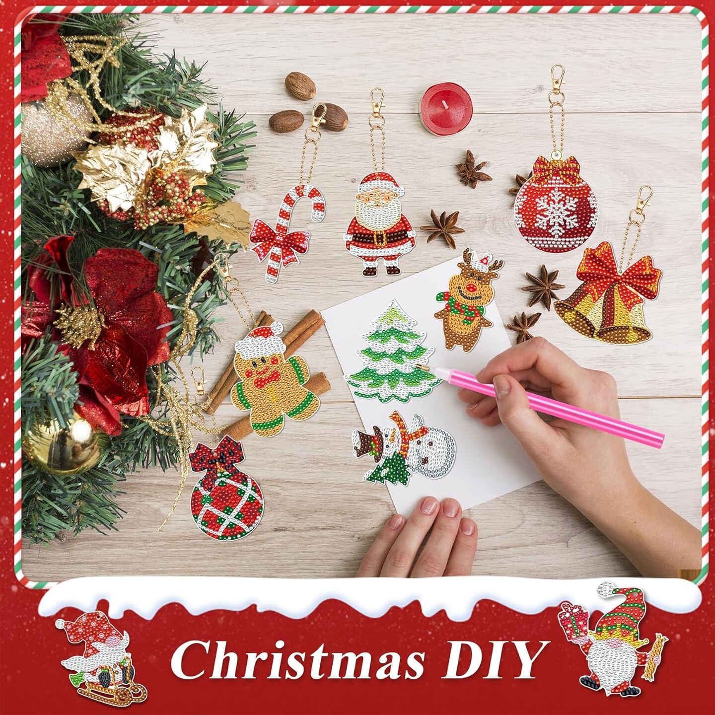 12 Pcs Christmas Diamond Painting Kits Christmas Balls Diamond Painting Keychain Hanging Diamond Painting Keychains Ornaments for Crafts Family Decor
