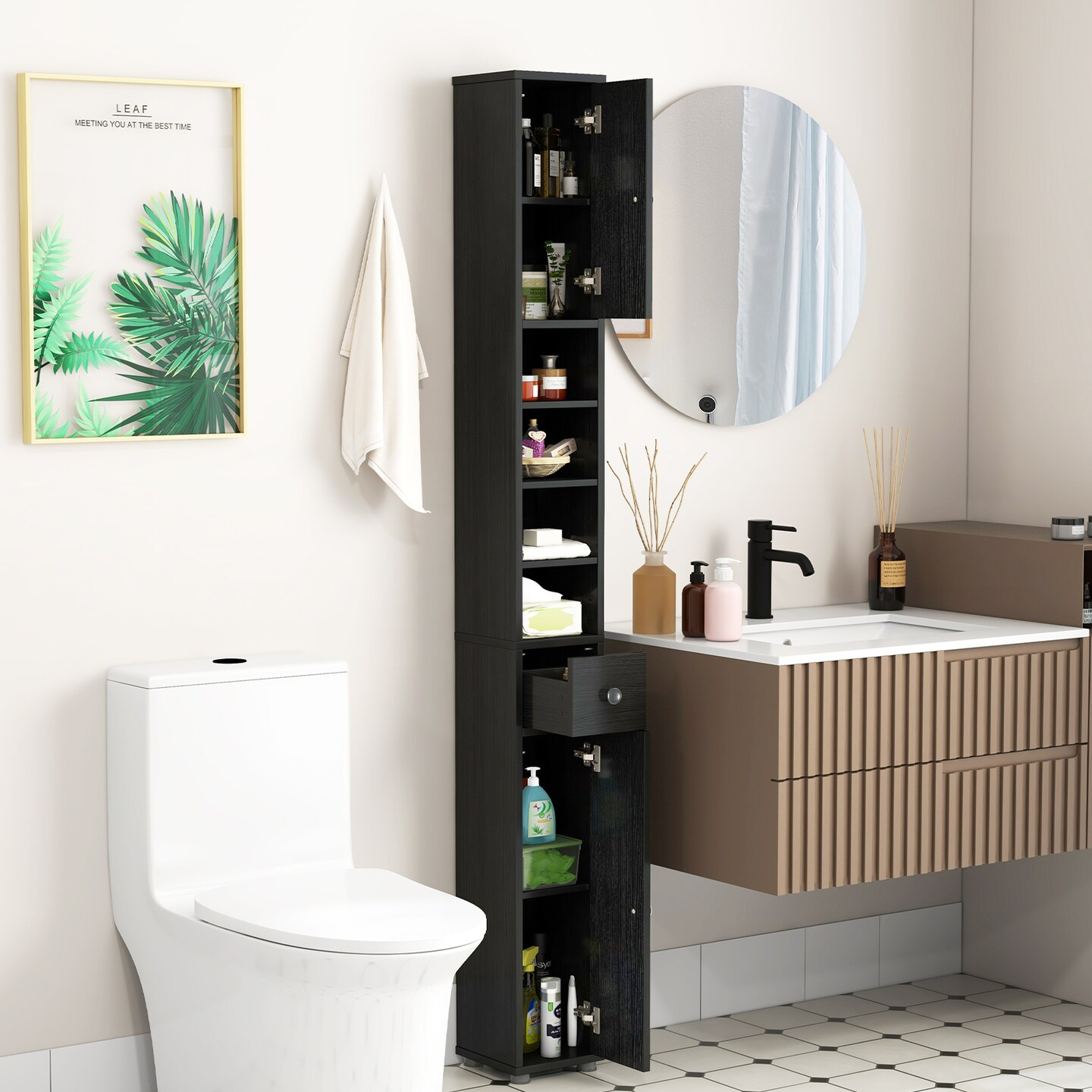 Freestanding Tall Storage Cabinet with Open Shelves Drawer and Double Door Organizer for Compact Spaces