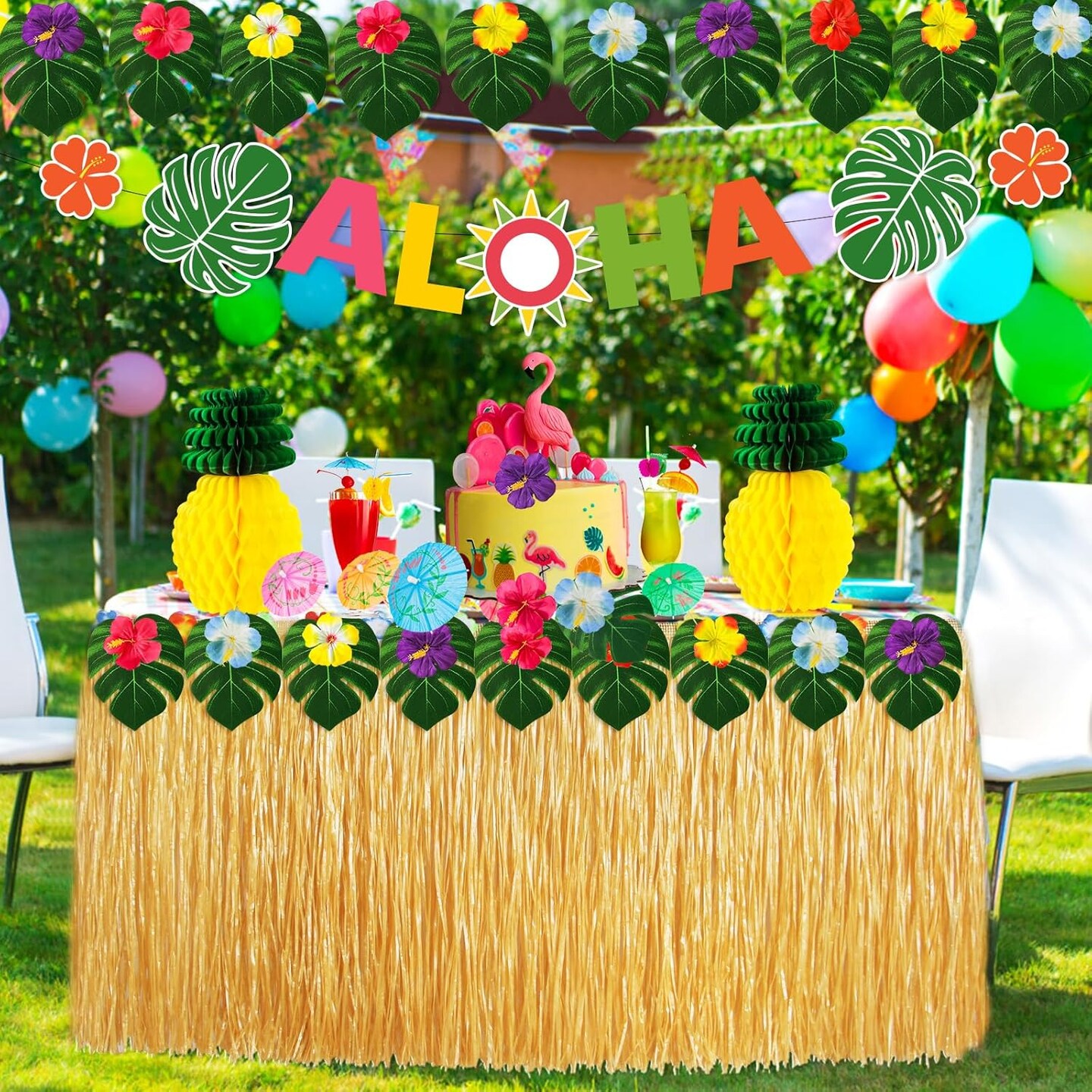135 Pcs Luau Party Decoration Set Hawaiian Tropical Including 9 feet Hawaiian Luau Grass Table Skirt, Hawaiian Flowers, Palm Leaves, Multicolored Umbrellas, Paper Pineapple, Pineapple Décors
