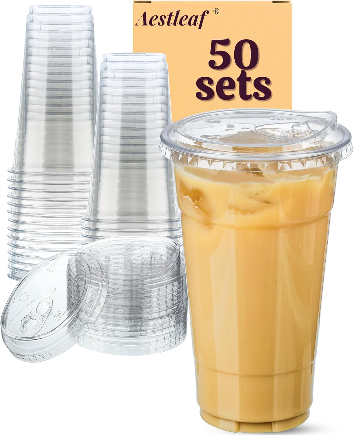 Clear Plastic Cups with Sip-Lids, 24 oz 50 Sets - Disposable Iced Coffee Cups for Smoothie, Milkshake, Cold Drinks