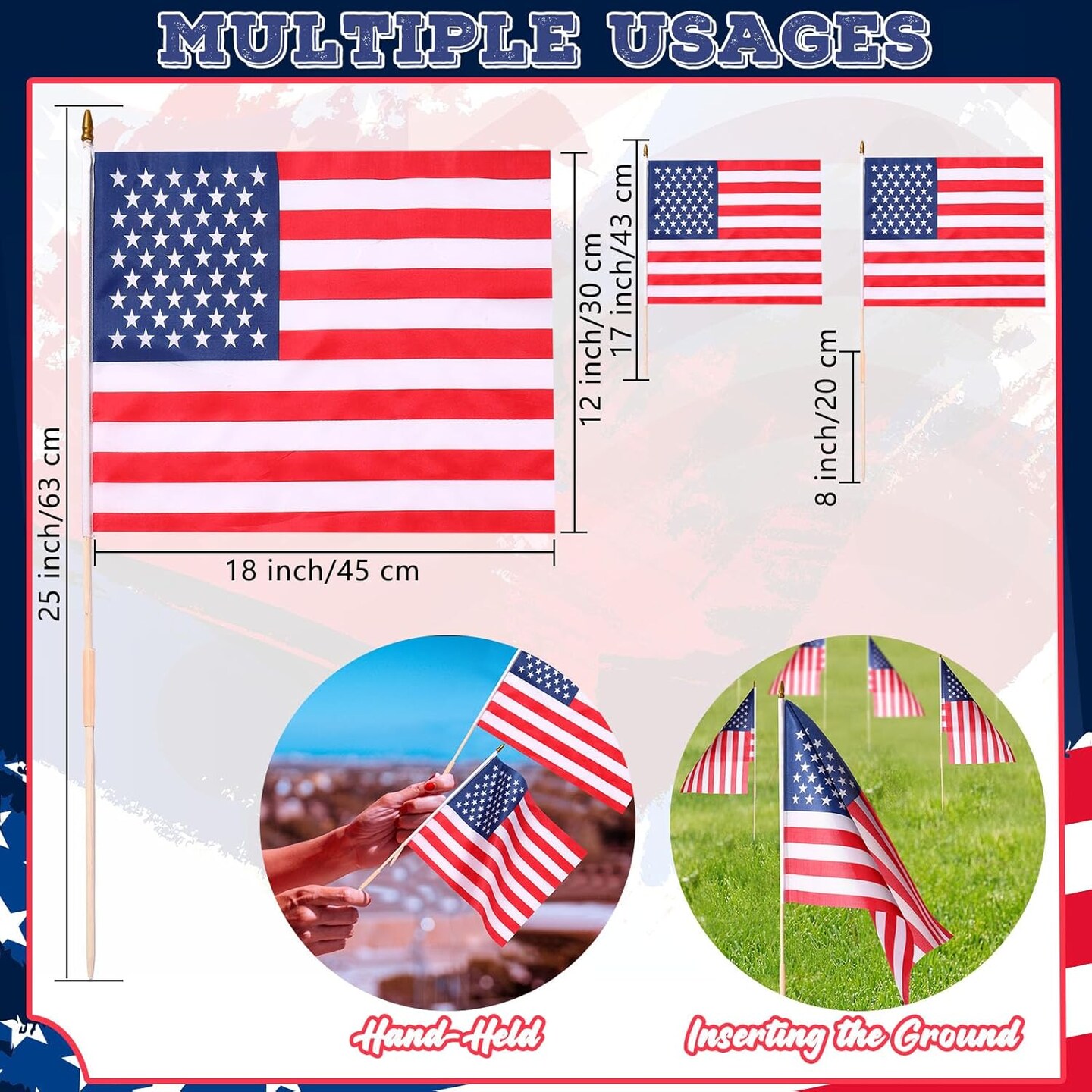24 Pack 18 x 12 Inch American Flags on Stick, Handheld USA Flags with Spear Top, Ground Wood Flagpole Pluggable Hand Held Stick Flags for Memorial Day Parades Veteran Party Decorations