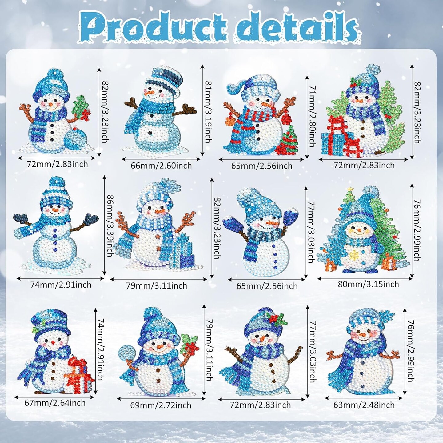 12 Pcs Diamond Art Christmas Ornaments Snowman Diamond Painting Kit 5d DIY Art Keychains Winter Hanging Ornaments for Kids Winter Home Crafts Decorations(Blue)