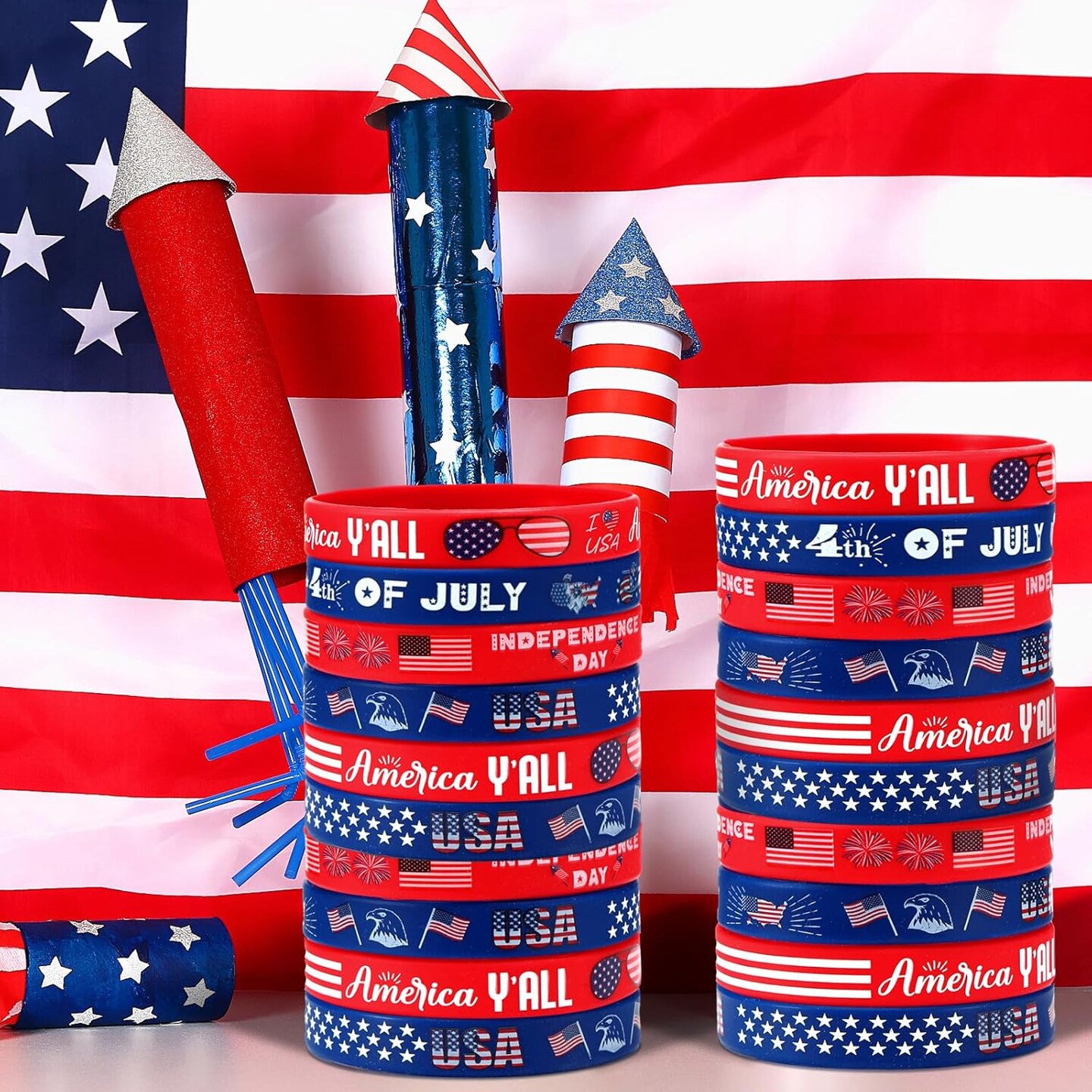 96 Pcs USA Silicone Bracelets American Flag Patriotic Wristband Red White and Blue Bracelets 4th of July Independence Day Rubber Wristbands Party Favors Gifts Supplies for Memorial Day