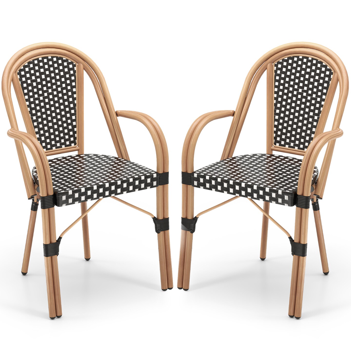 Set of 2 Outdoor French Bistro Chairs with PE Wicker and Galvanized Frame