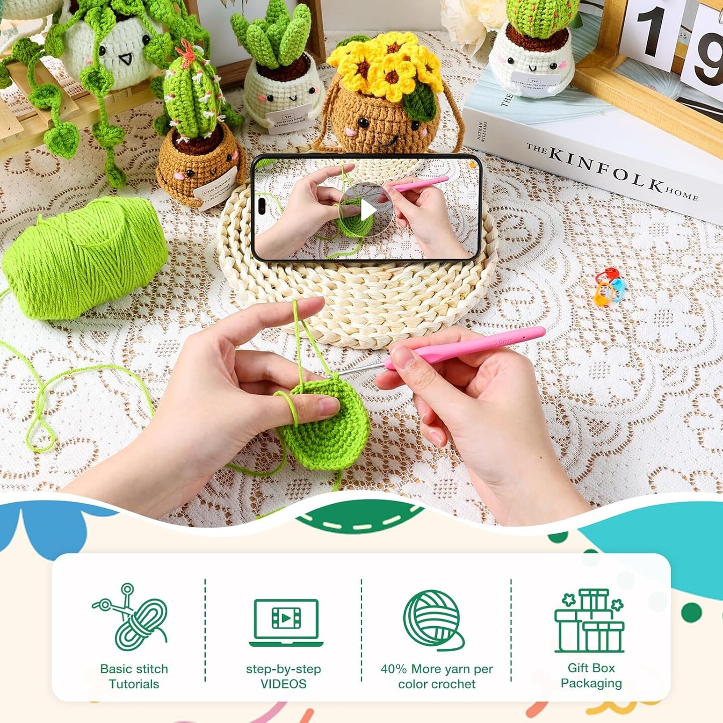 Crochet Kit for Beginners with Step by Step Video Lessons | 6 PC Potted Plants and Succulent Family Crochet Kit with Accessories