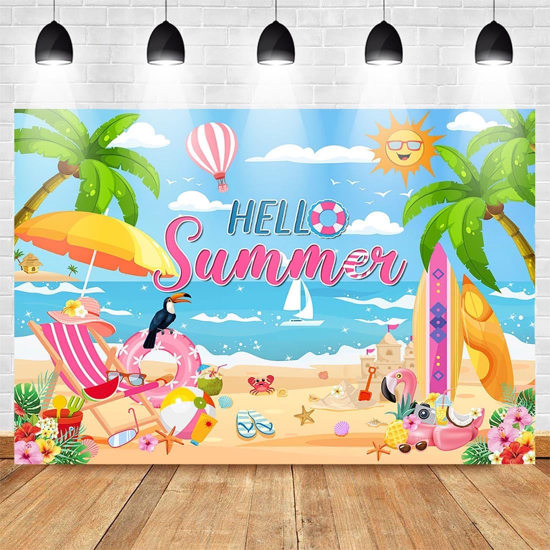 7x5ft Hello Summer Backdrop Summer Hawaiian Beach Backdrop Pink Tropical Surfboard Photography Background Summer Beach Party Decoration Supplies