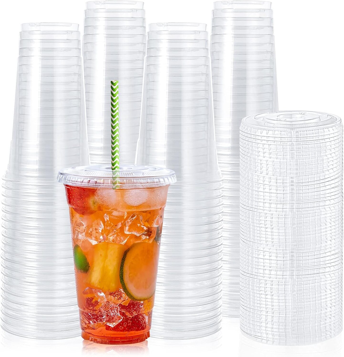 [90 Sets] 20 oz Clear Plastic Cups With Flat Lids, Disposable Drinking Cups, 20 oz Plastic Cups for Ice Coffee, Smoothie, Slurpee, or Any Cold Drinks