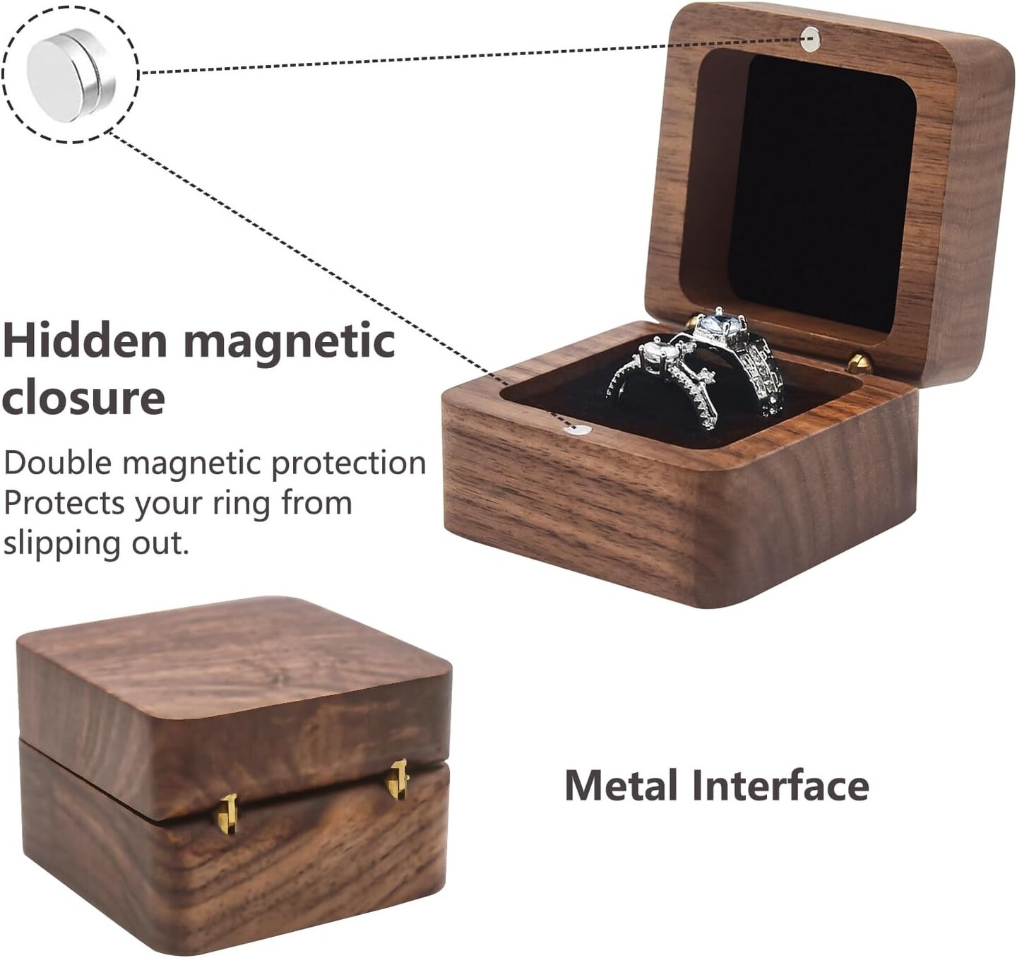 Wooden Ring Box for Wedding Ceremony 2 Slots,Small Square Solid Wood Double Ring Holder Case Box,Vintage Ring Bearer Box for Engagement Proposal,Rustic Jewelry Gift Storage Box-Black
