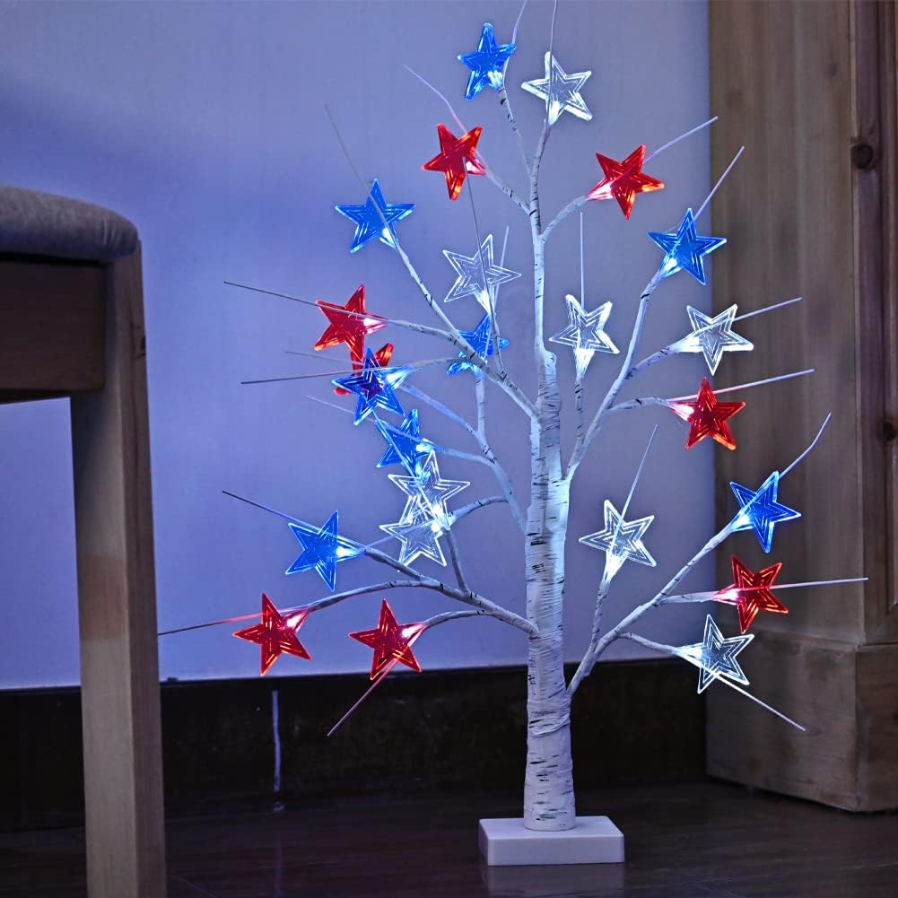 4th of July Decorations, Birch Table lamp Flag Star Tree Lights, 24”Independence Day Table lamp for Home, Bedroom Room Office Decoration, 1Pack, 24 inch