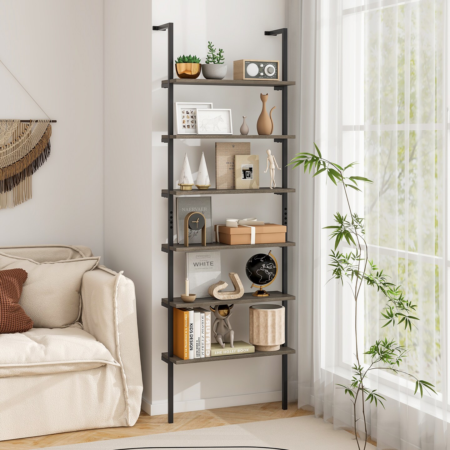 Wall Mounted 6-Tier Ladder Shelf for Books, Plants and Home Organization