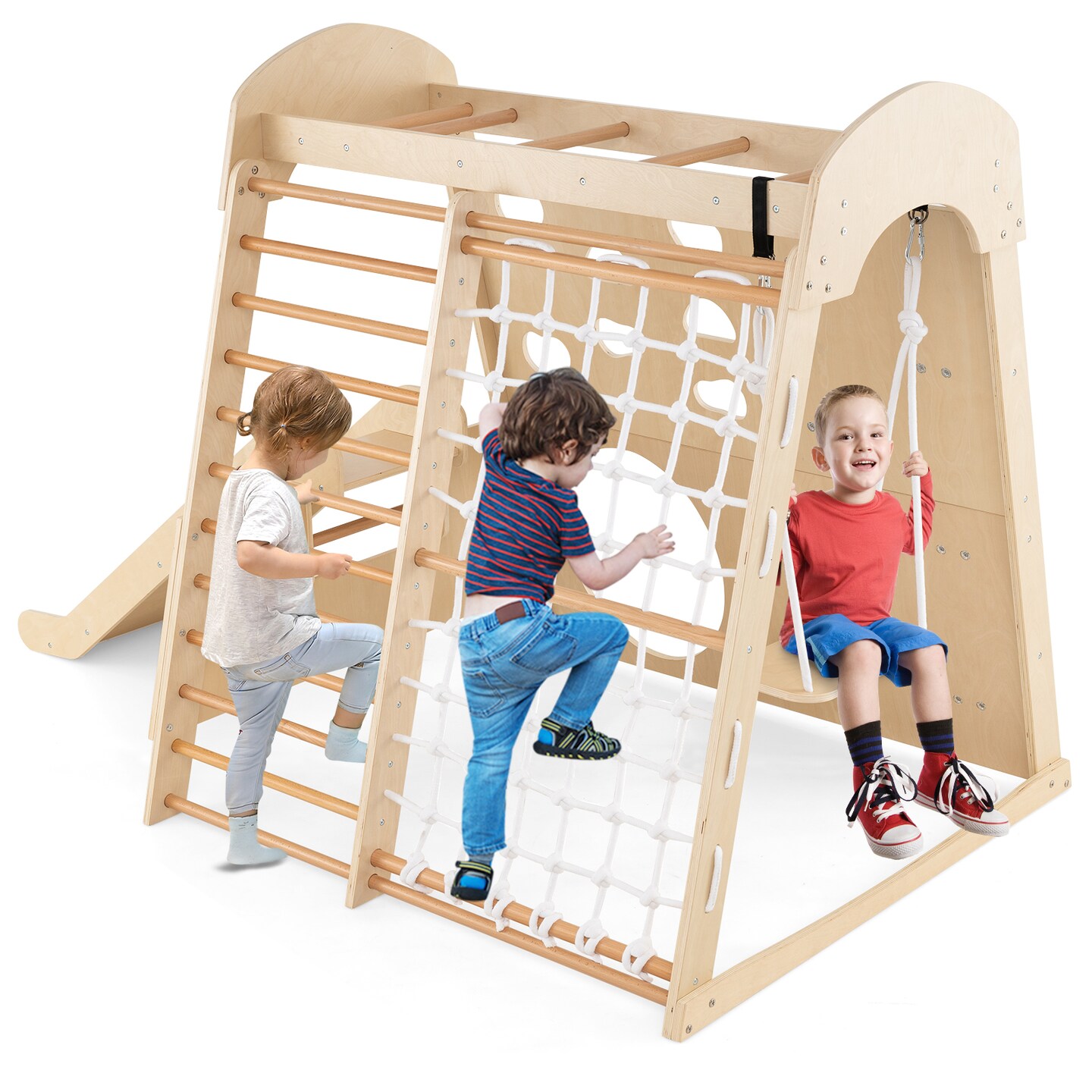 Wooden 8 in 1 Indoor Playground with Swing Climbing Wall and Slide
