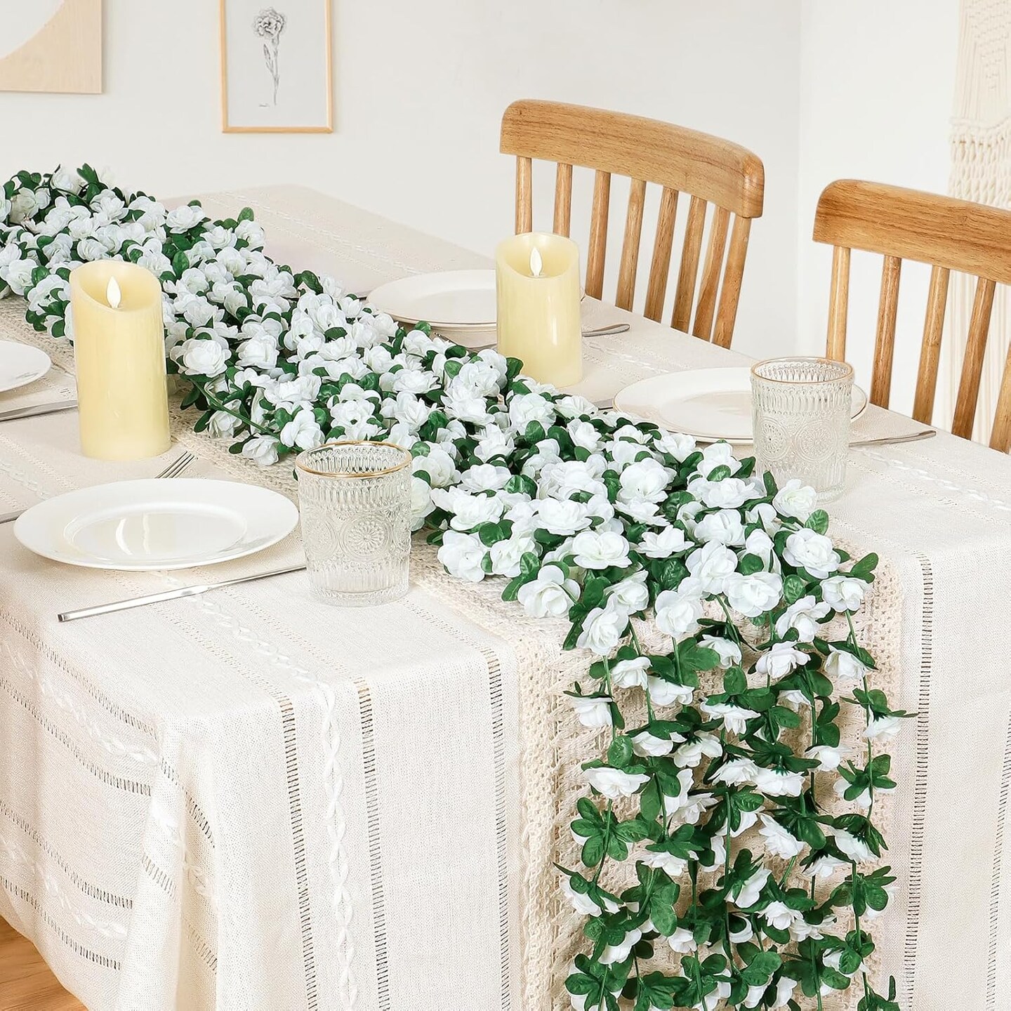Artificial Flower Garland, Fake White Roses Vines Silk Flowers Faux Plastic Outdoor Hanging Floral Ivy Garland Decoration