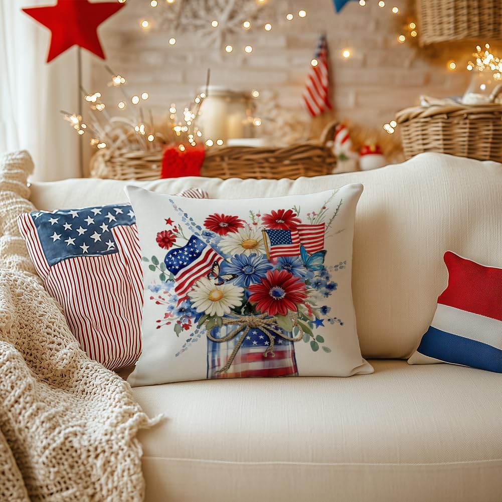 4th of July Pillow Cover 18x18 Inch Floral Mason Jar Decorations Patriotic Holiday Pillow Case Independence Memorial Day Decor for Home Sofa Couch