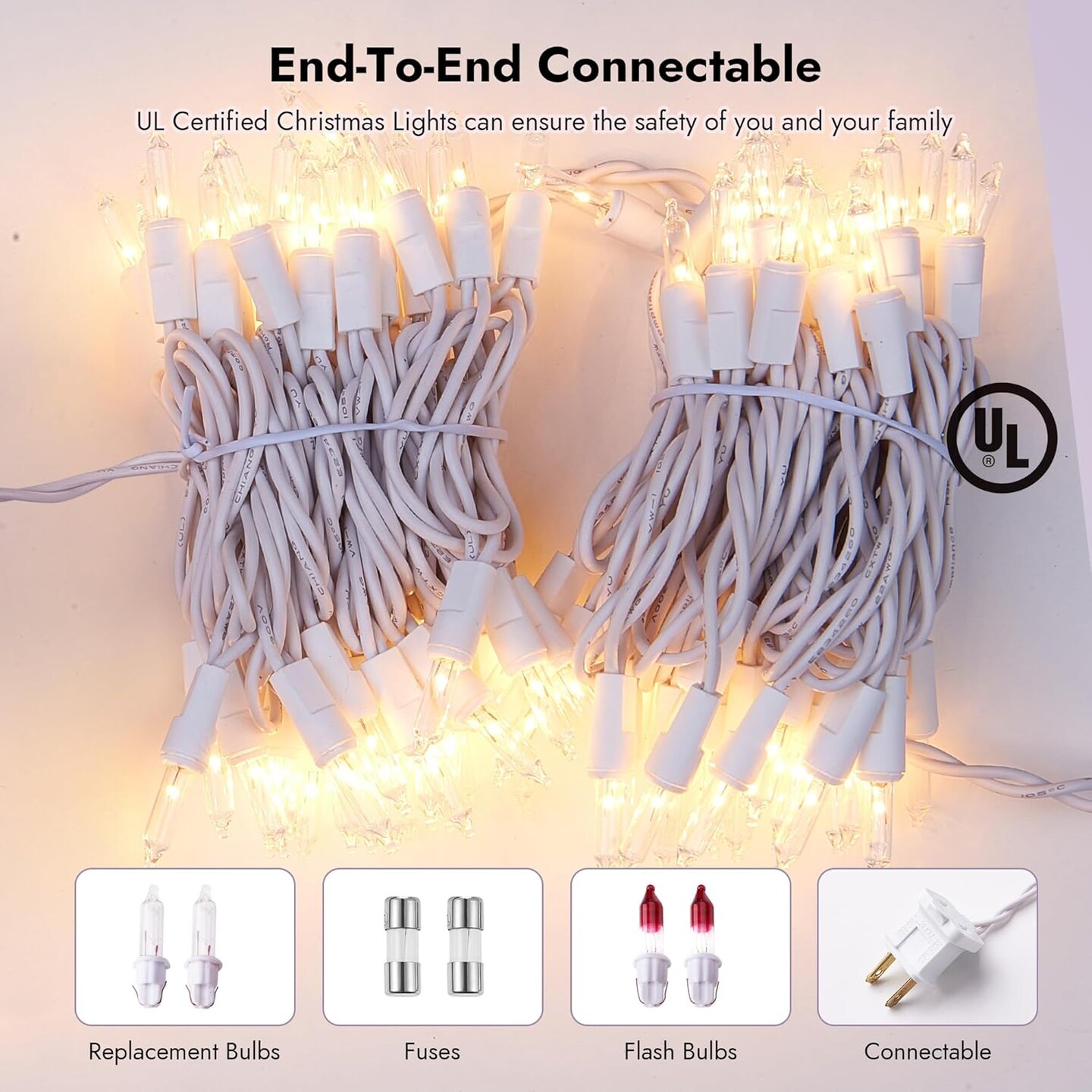 Christmas Lights Clear White 70 Count Incandescent Light UL Certified Connectable Christmas Tree Lights with White Wires for Indoor Outdoor