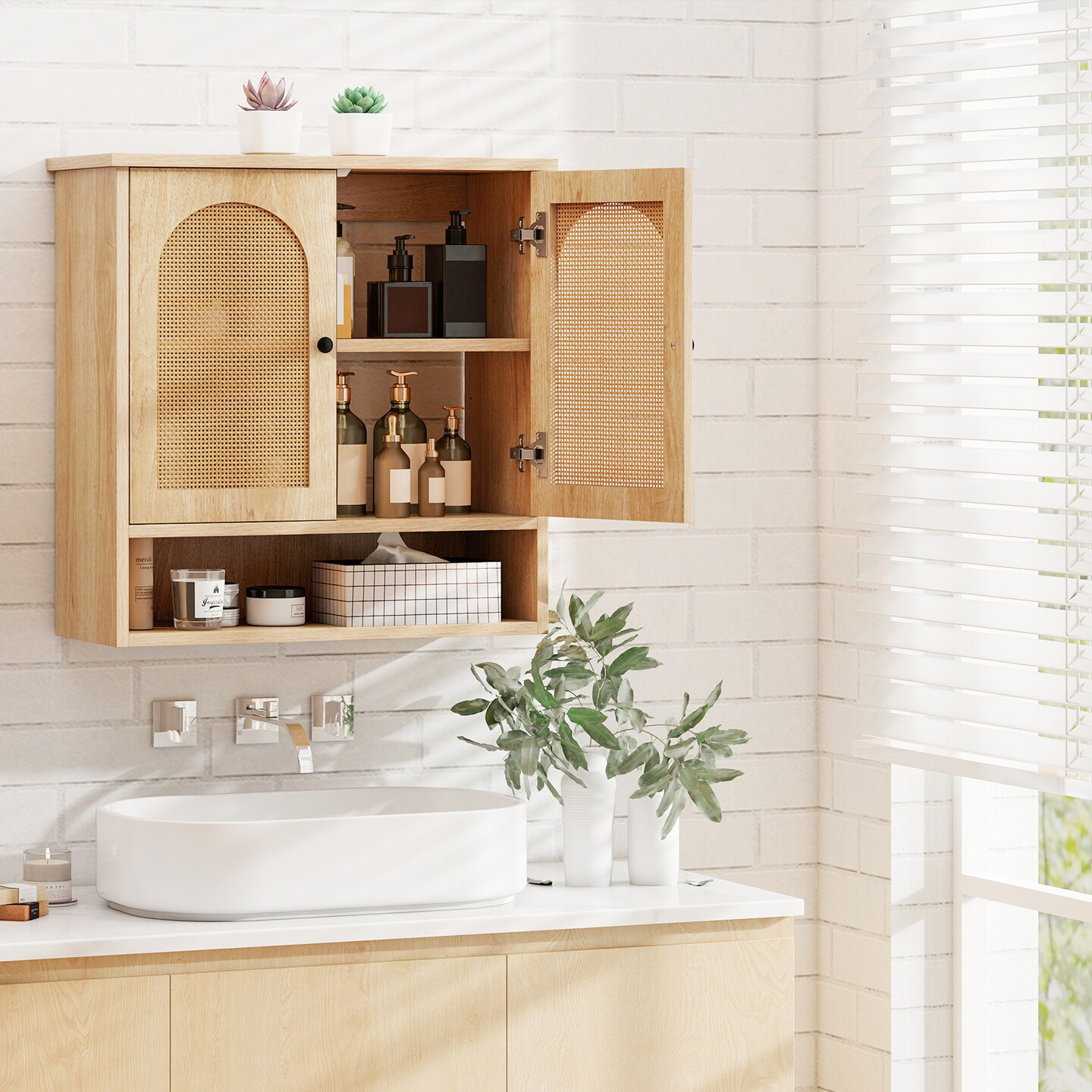 Natural MDF Wall Cabinet with Rattan Doors and Adjustable Shelves and Open Storage