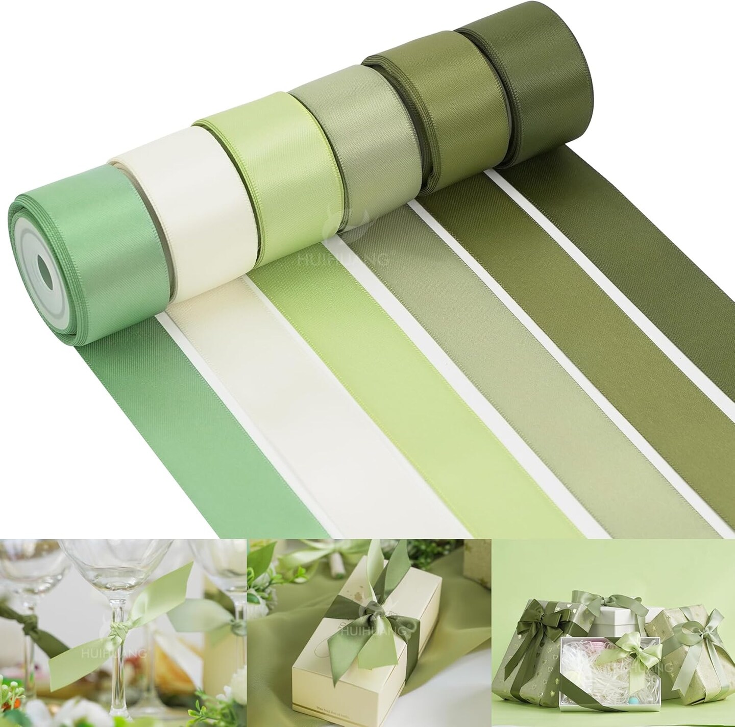 Sage Green Satin Ribbon Set – 6 Rolls (1 Inch x 5 Yards Each) Double-Faced Silk Satin Ribbon for Gift Wrapping, Flower Bouquets, Weddings, Baby Showers, Party Decor & Craft Projects