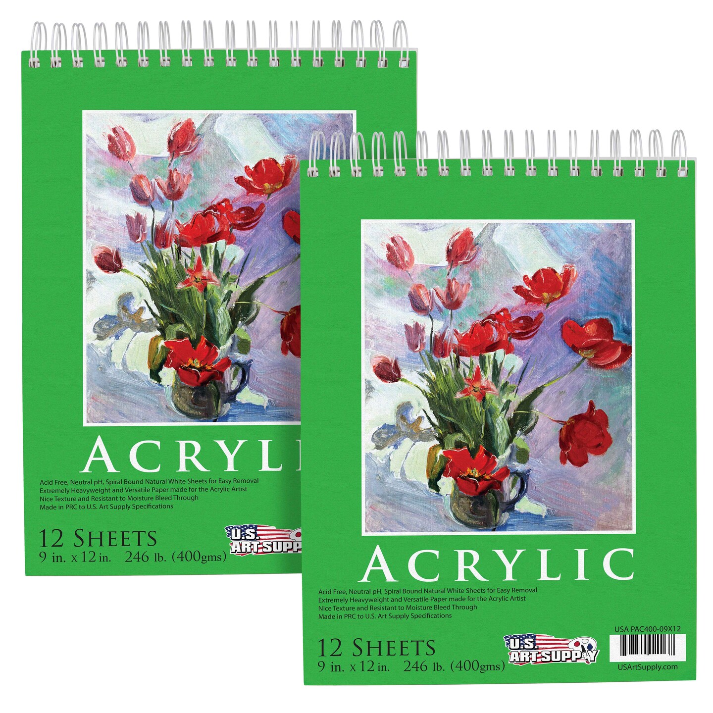 9x12&#x22; Premium Heavy-Weight Acrylic Painting Paper Pad, 246lb (400gsm), 2 Pack, 12 Sheets, Spiral Bound, for Acrylic Paint