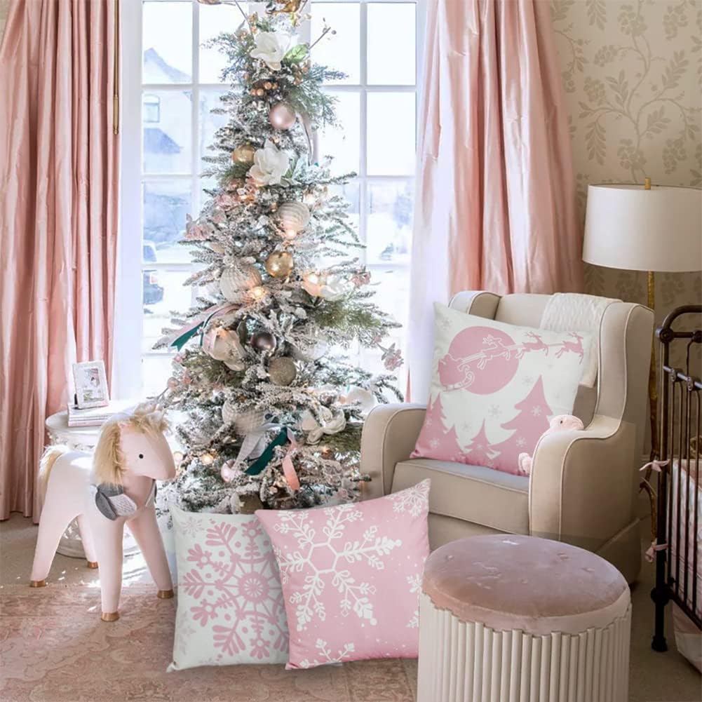 Pink Christmas Throw Pillow Covers 18x18 Snowflake Pillow Covers Let It Snow Pillows Winter Holiday Decor for Living Room