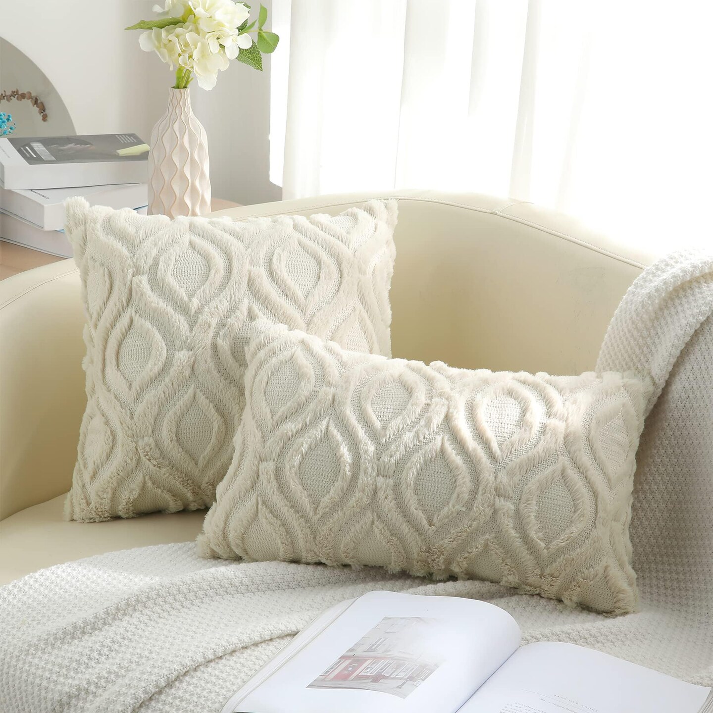 Throw Pillow Covers 18x18 Inch Set of 2, Soft Plush Faux Wool Beige Couch Pillow Covers, Solid Dyed Accent Pillow Cases for Sofa Bed Living Room Home Decor