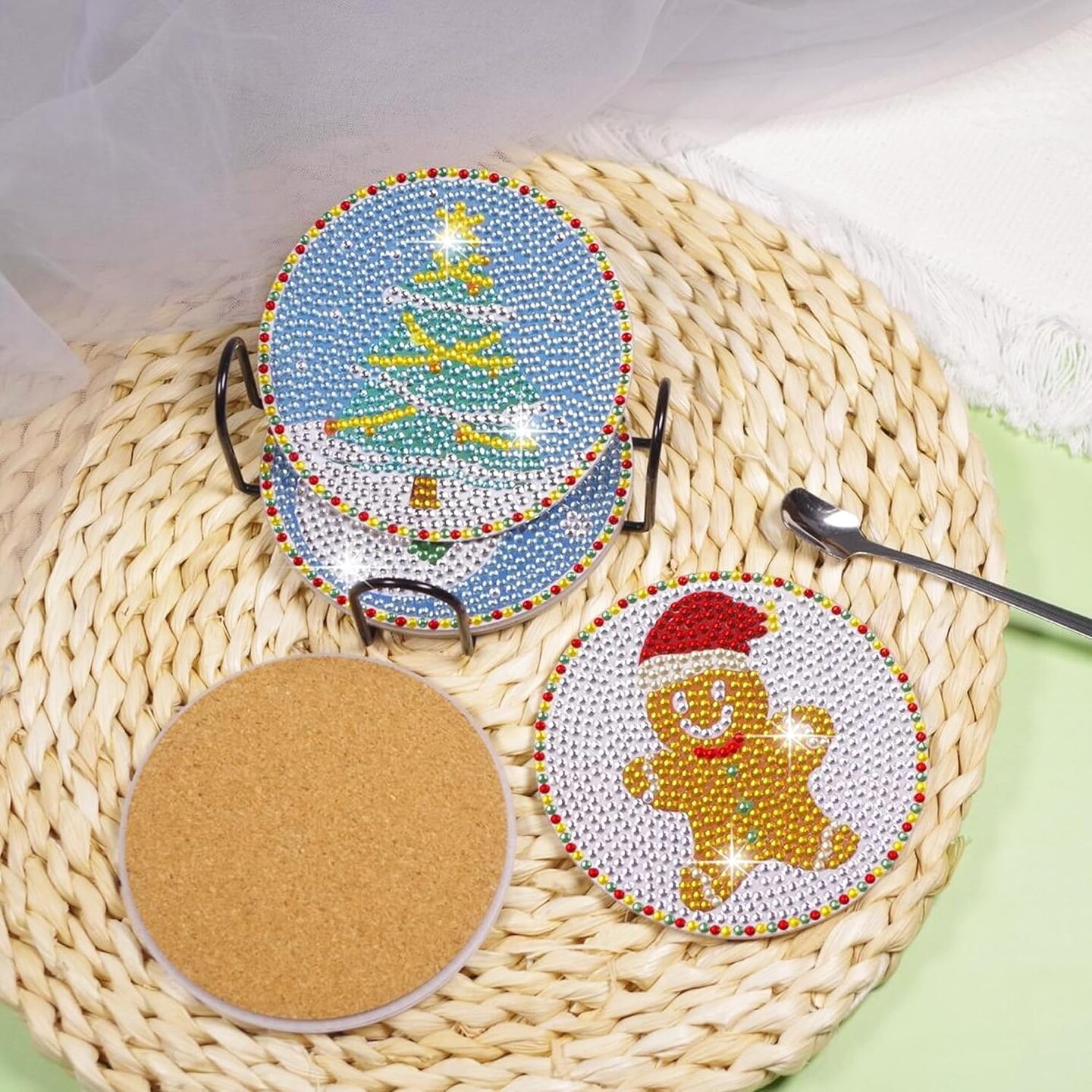 Christmas Diamond Painting Kits, 6PCS Christmas Diamond Painting Coasters with Holder, DIY Diamond Art Coasters with Stickable Cork Bases, Diamond Art Kits for Adults