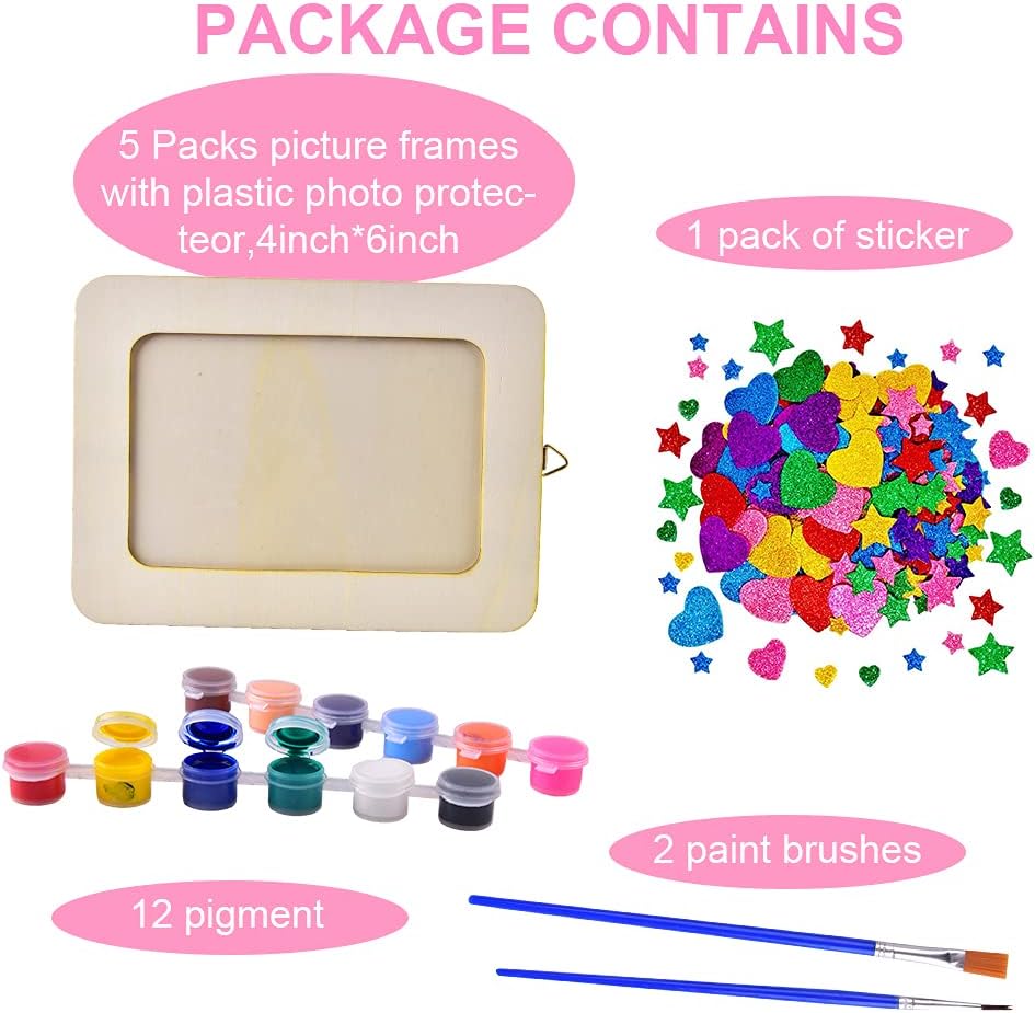 Picture Frame Painting Craft Kit, 5 Packs 6 x 8 inch DIY Wooden Photo Frames with Stand & Clear Protector, Painting Tools Set, Eva Stickers for Father Day Gift, Kids Craft, Paint and Decorate