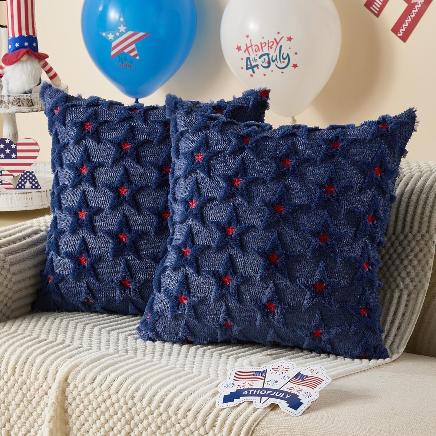 4th of July Pillow Covers 18x18 inch Set of 2 4th of July Decor Red Embroidery Star Decoration Soft Plush Faux Fur Jacquard Throw Pillows Independence Day Decorations for Home Sofa