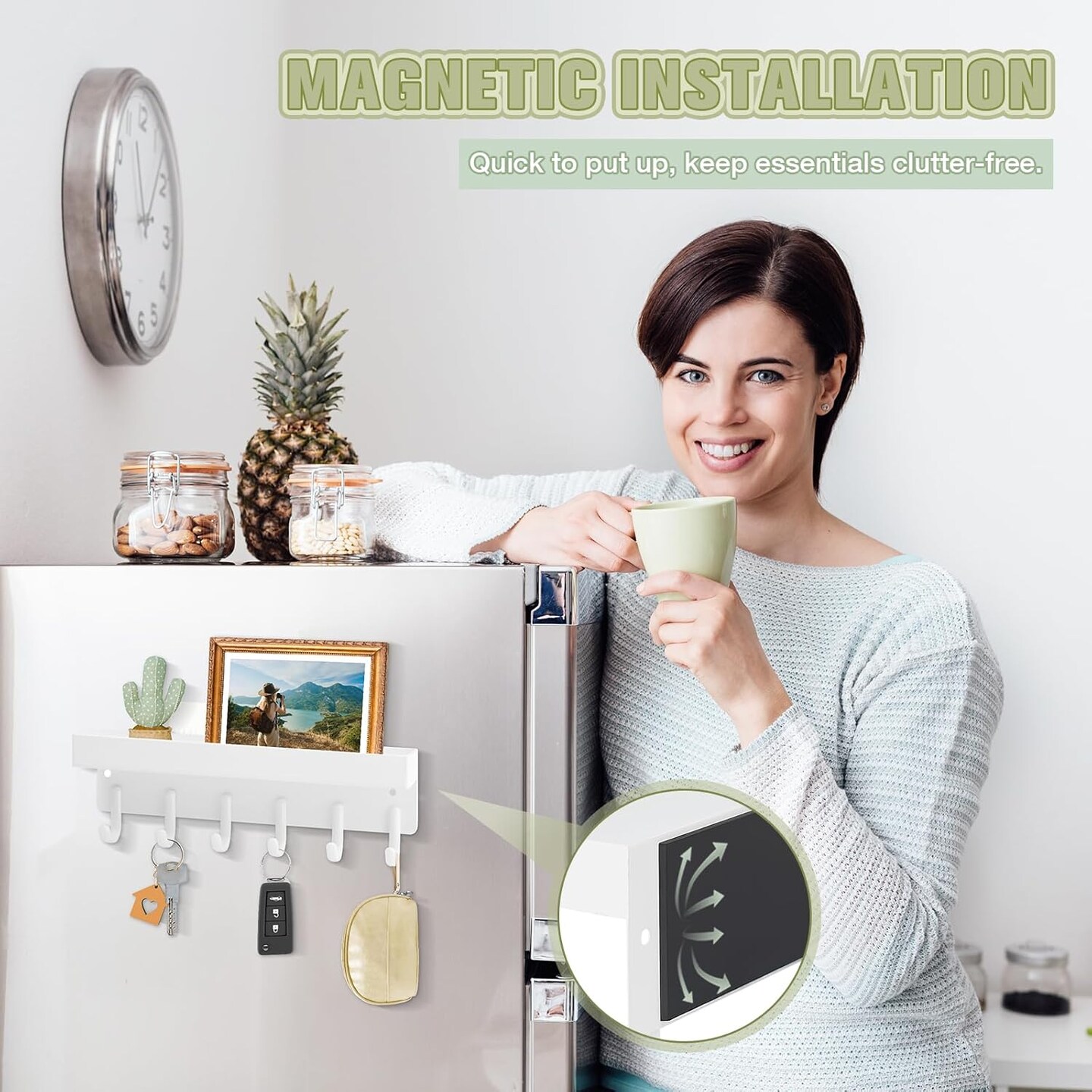 Magnetic Key Holder Wall Mount, Compact Metal Key Rack with Tray, 6 Hooks, 2 Mount Options, White