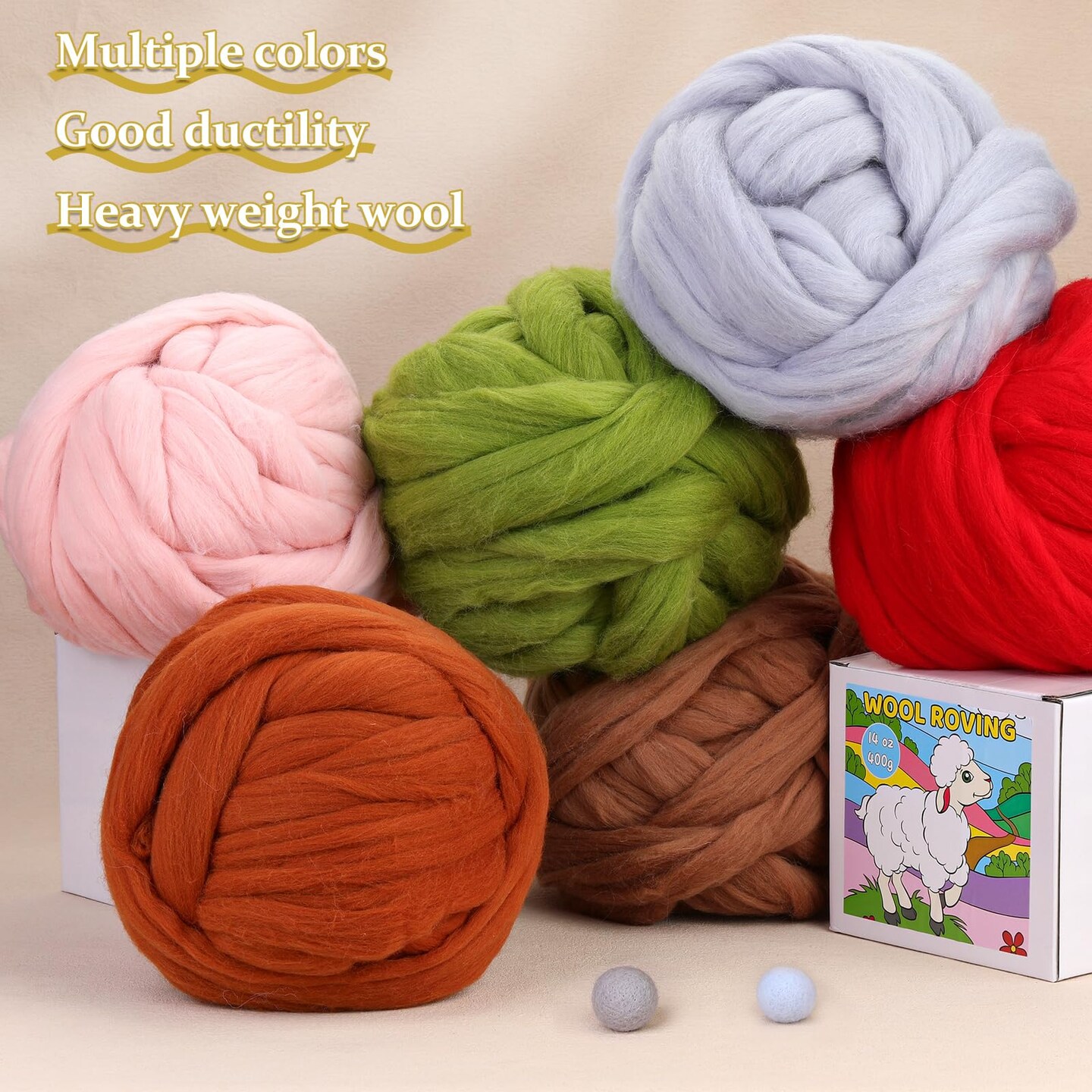 QMNNMA Wool Roving 0.88 lb (14.1 Ounces), Colored Natural Wool Roving for Spinning, Soft Chunky Yarn for Wool Felting, Felting Pad, Felting Supply, Wool Yarn Bulk, Carded Stuffing
