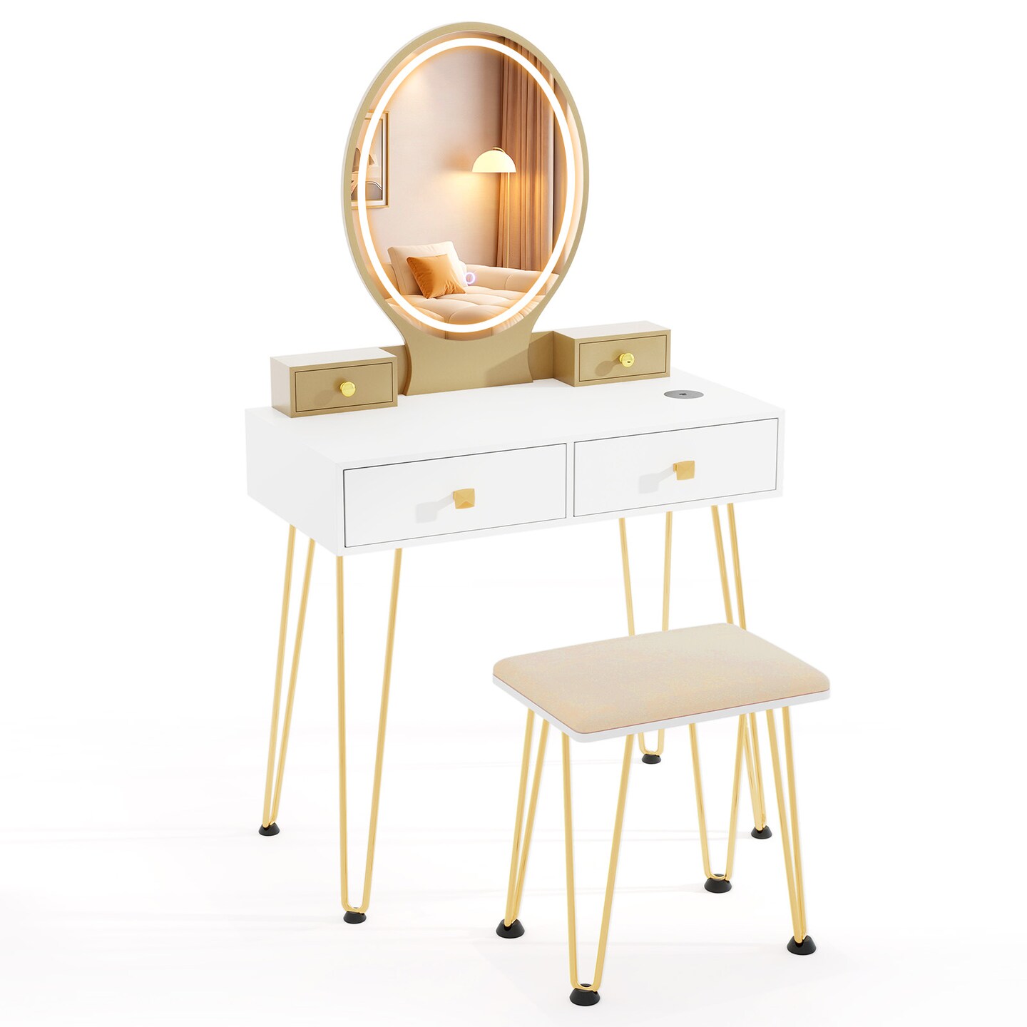 White and Gold Makeup Vanity Table with Adjustable Brightness LED Mirror and USB Charging Storage Drawers