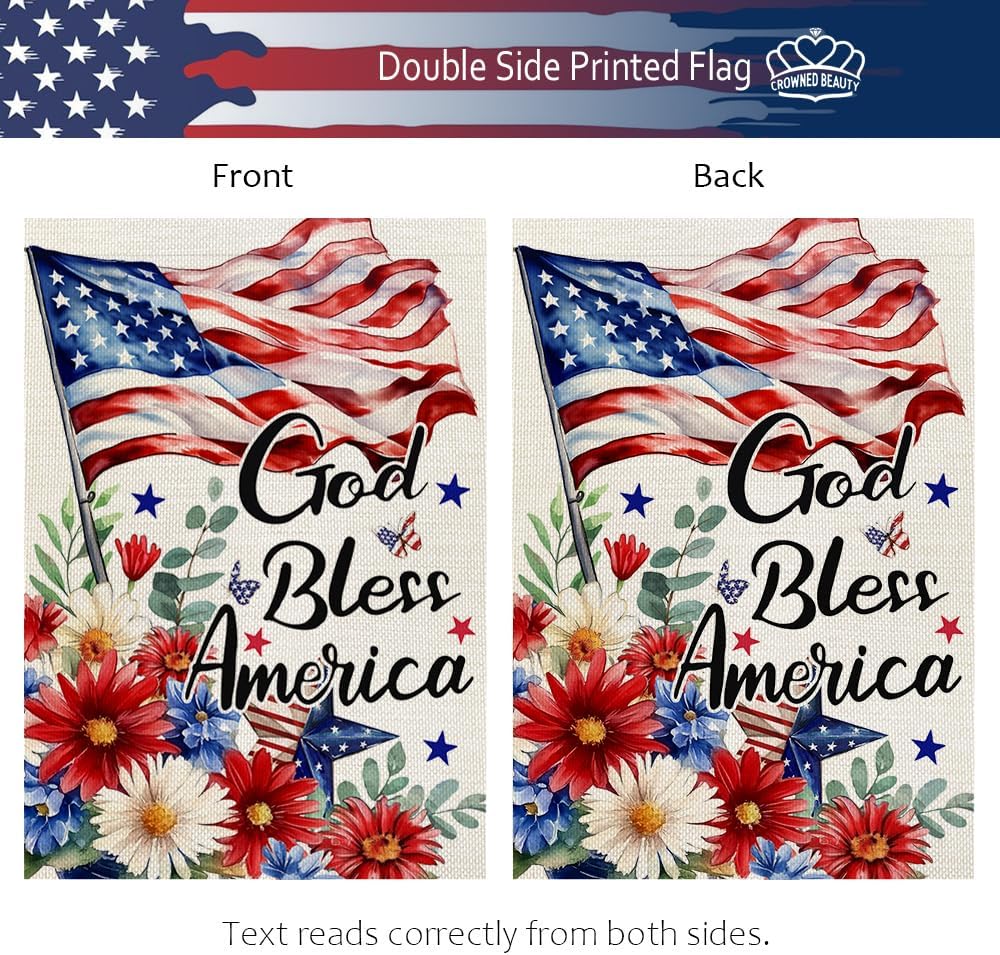 4th of July Floral Garden Flag God Bless America USA Double Sided 12x18 Inches for Outside Small Burlap Patriotic Independence Memorial Day Holiday Yard Decoration CF1776-12
