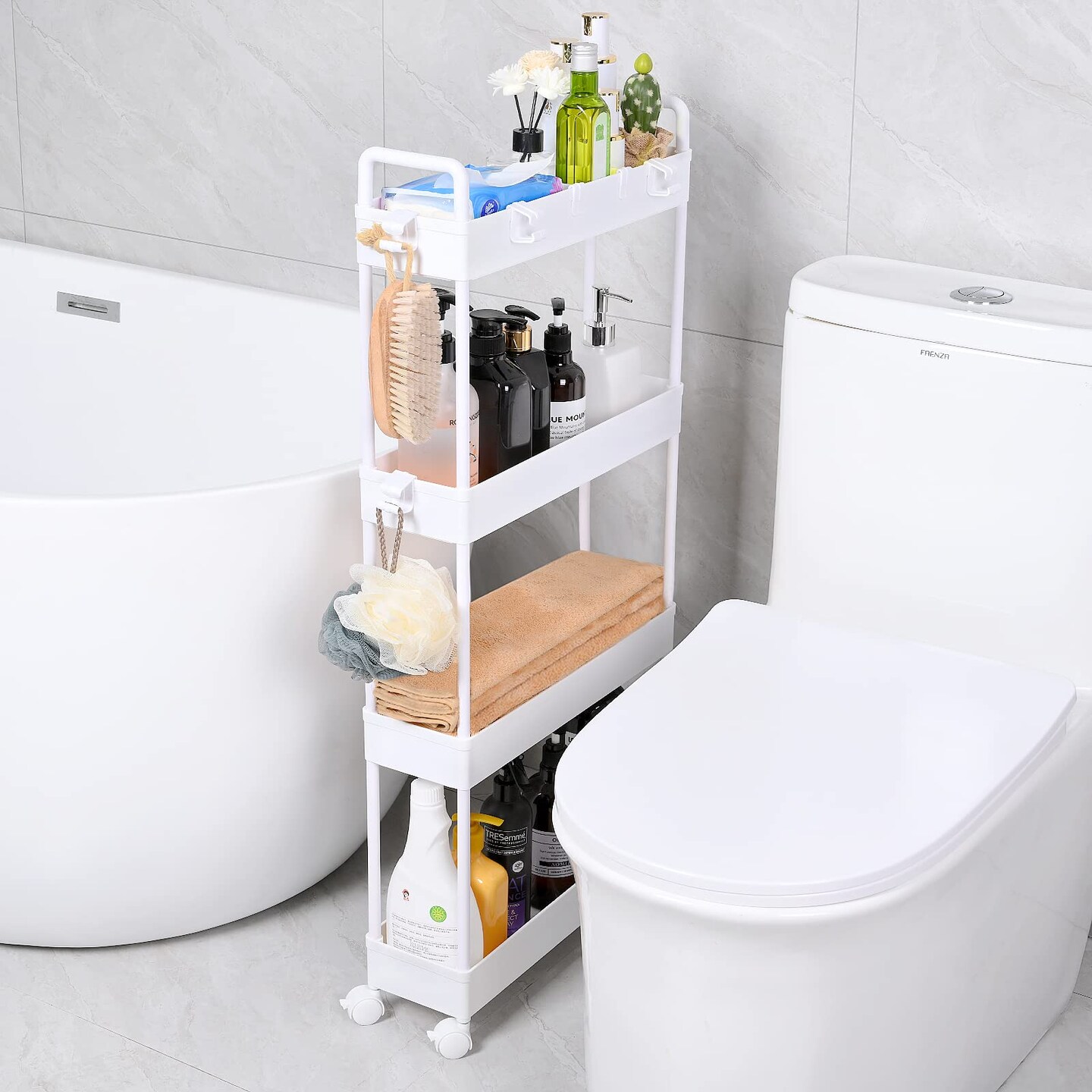 Slim Rolling Storage Cart with Wheels, 4 Tier Organizer, Rolling Utility Cart for Kitchen, Bathroom, Laundry Room, Office, Narrow Place (White)