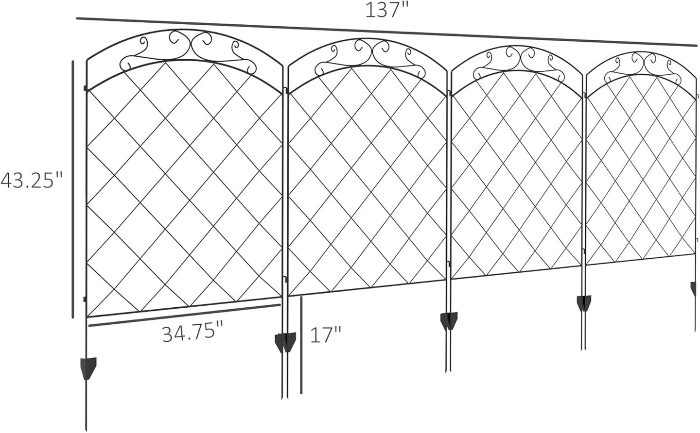 137in Powder-Coated Steel Garden Fence with Panels and Ground Stakes