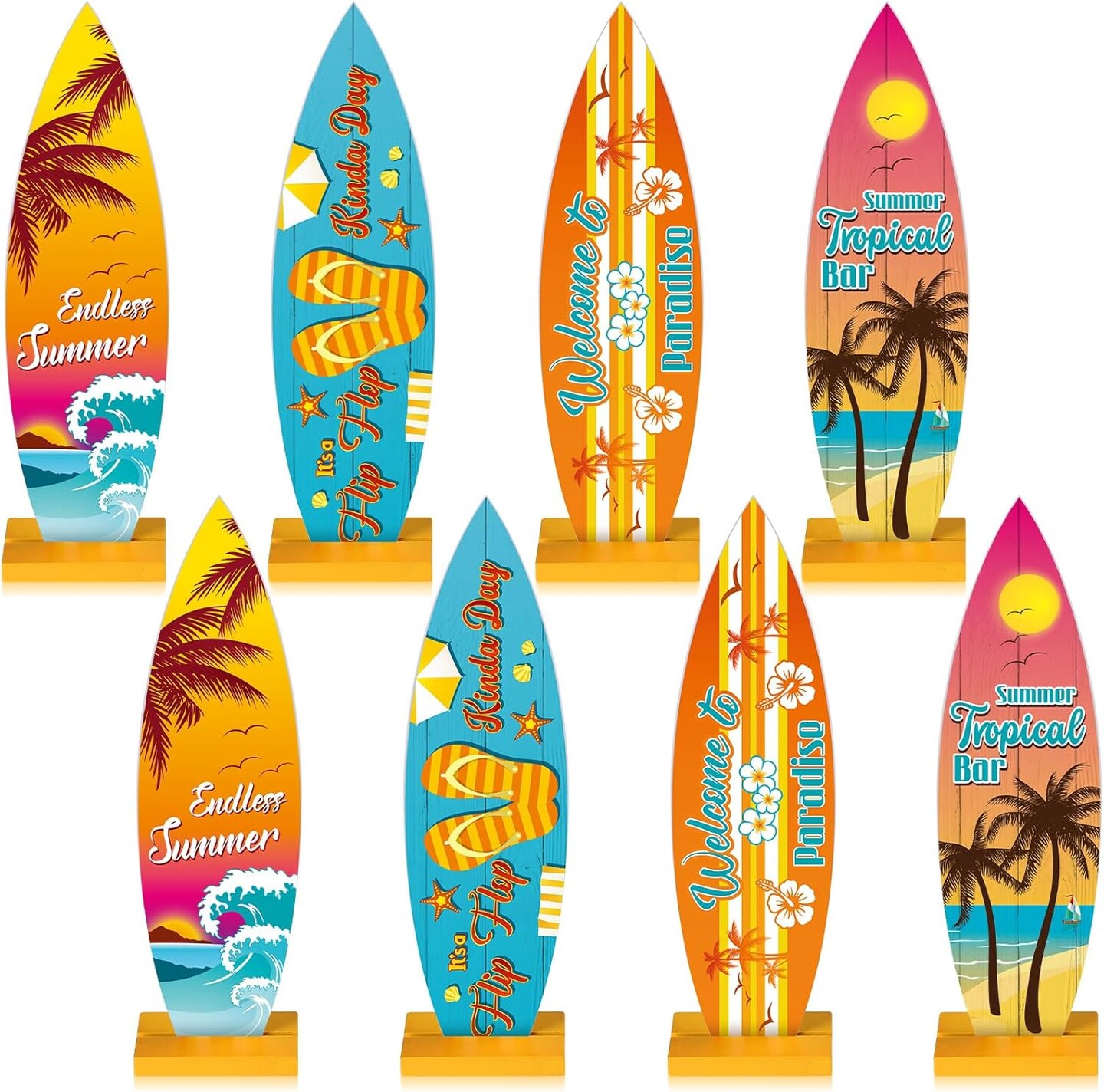 8 Pcs Surfboard Table Centerpieces - 12.6x3.66 Inch Wooden Beach Signs - "Welcome to Paradise" and "Endless Summer" Tropical Tiki Bar Table Decorations for Hawaiian Luau and Surf Theme Party Decor