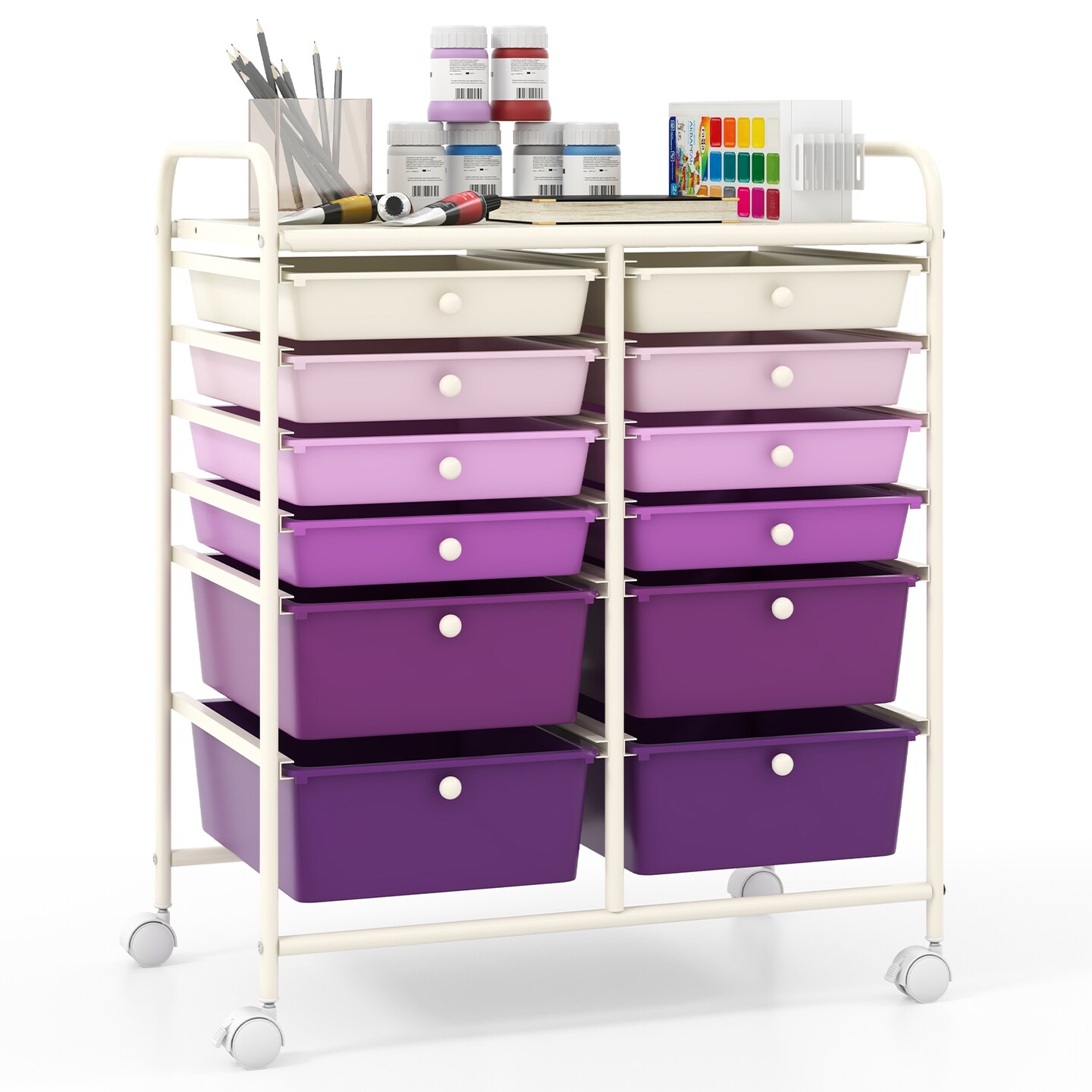 Space-Saving 12-Drawer Rolling Cart Sturdy Metal and PP Storage Trolley with Lockable Wheels for Office or Home